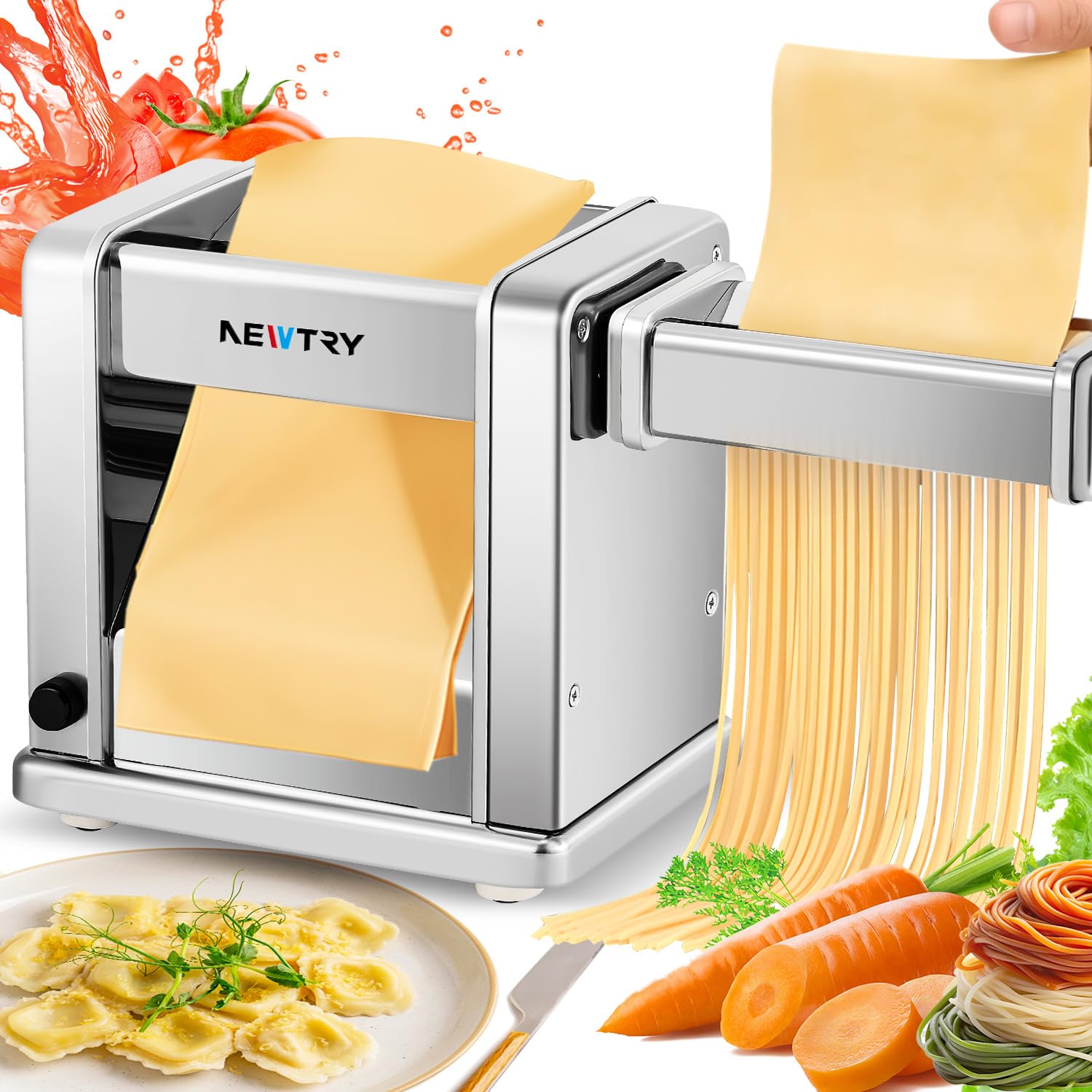 NEWTRY Electric Pasta Maker Machine - 3 Blade Attachments (2mm/4mm/6.5mm) for Homemade Noodles, Dough Roller & Press Cutter - 110V US Plug - Perfect for Family Cooking, Italian Dishes & Fresh Pasta Making at Home