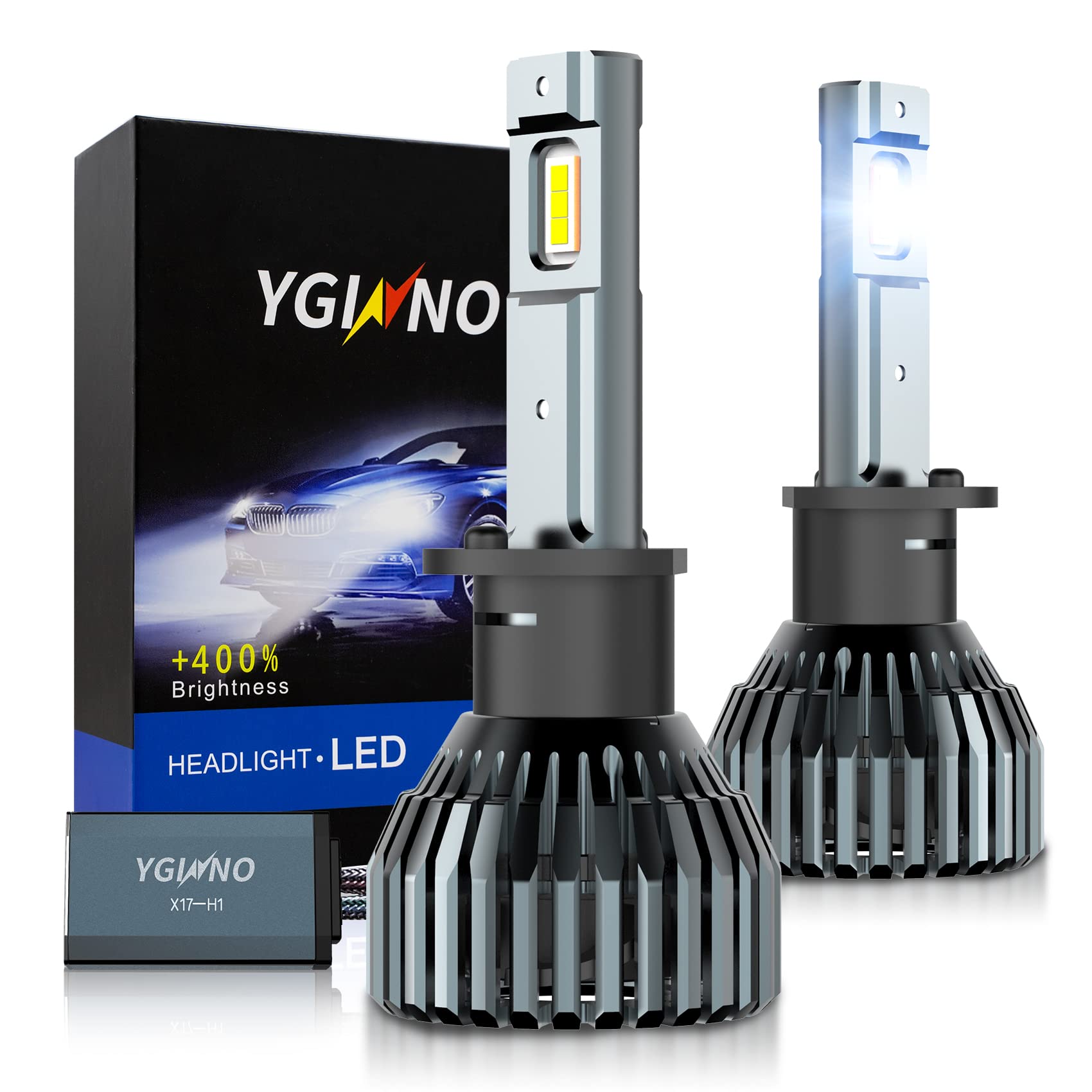 YGINNO H1 LED Headlight Bulbs - 100W 20000 Lumens Super Bright Conversion Kit, 6500K Cool White CSP Chip LED Lights, Plug and Play, IP68 Waterproof (Pack of 2) - Perfect for Night Driving, Off-Road Vehicles & Motorcycle Headlight Upgrades