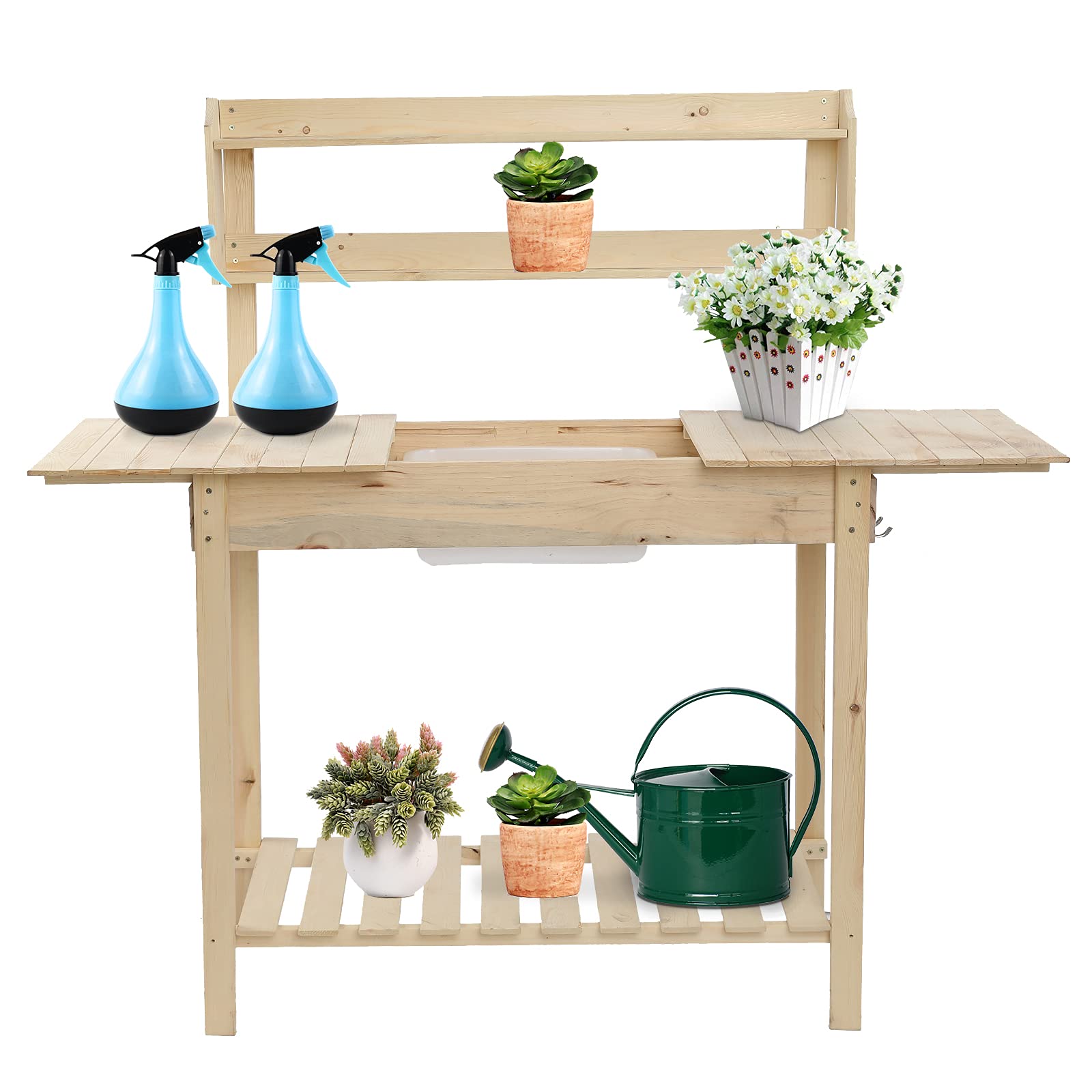 YOUBTQ Wooden Potting Bench with Sliding Tabletop, Removable Sink & Storage Shelves - Outdoor Garden Workstation for Planting, Potting & Gardening - Perfect for Backyard, Patio & Greenhouse Use