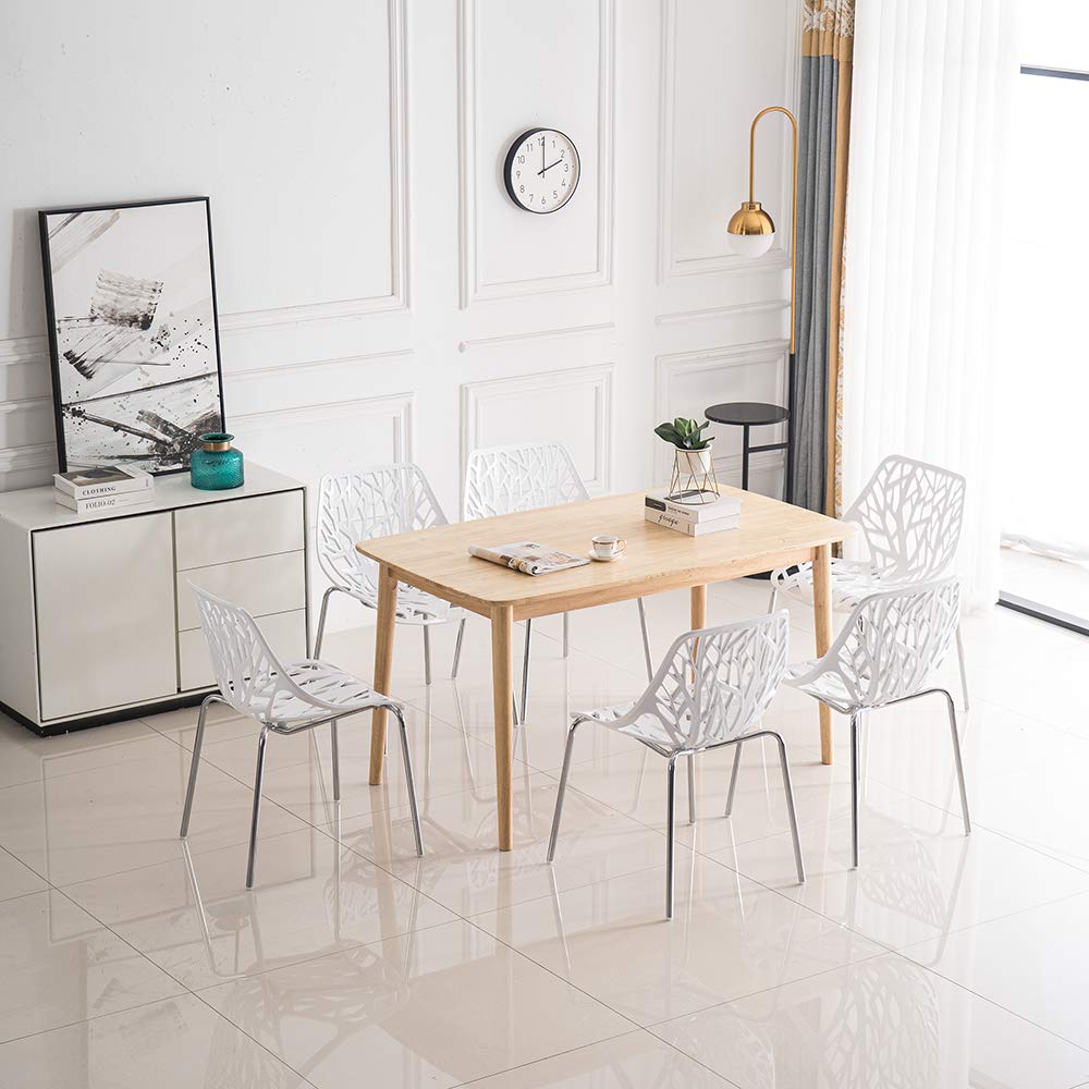 Bonnlo Modern Dining Chairs Set - 6 Pack White Stackable Plastic Saping Birch Chairs for Kitchen, Living Room, Office & Restaurant - Space-Saving Furniture for Small Spaces & Entertaining