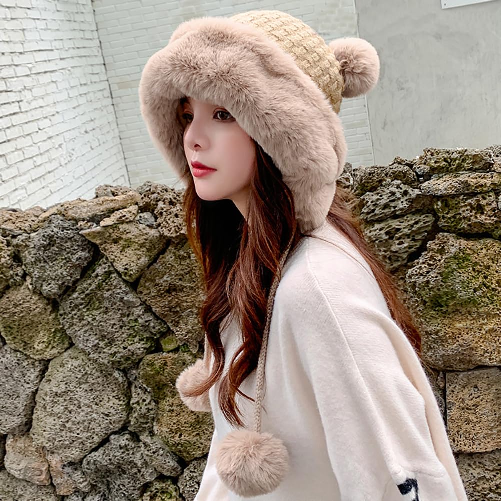Women's Winter Pompom Beanie Hat - Soft Fluffy Knit Faux Fur Crochet Skull Cap for Cold Weather | Warm Bucket Hat with Ear Coverage for Outdoor Activities, Snow Sports & Casual Winter Fashion