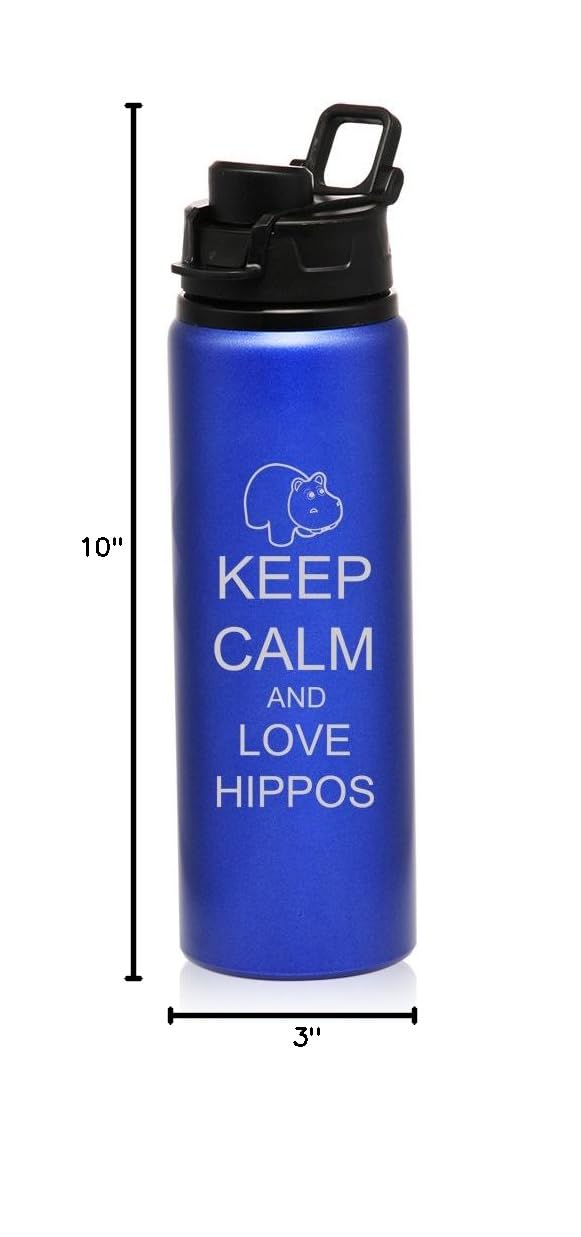 25 oz Aluminum Sports Water Bottle - Insulated Travel Bottle with Leak-Proof Lid - Keep Calm & Love Hippos Design - Perfect for Gym, Hiking, Camping & Outdoor Adventures