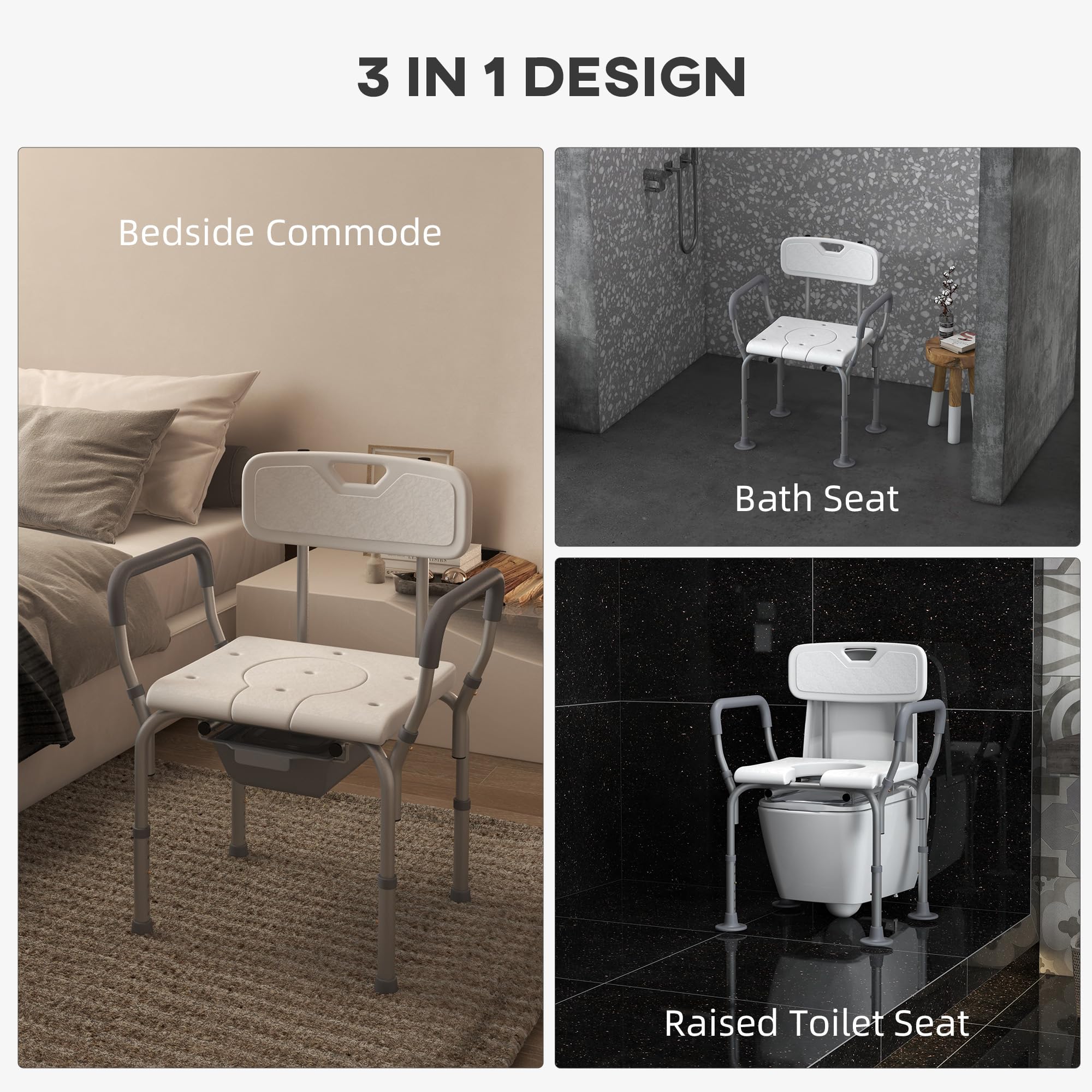HOMCOM 3-in-1 Adjustable Shower Chair with Backrest & Arms, Bedside Commode & Raised Toilet Seat - Non-Slip Rubber Feet for Elderly & Disabled - Safe Bathroom Mobility Aid for Seniors, Post-Surgery Recovery & Home Care (White)