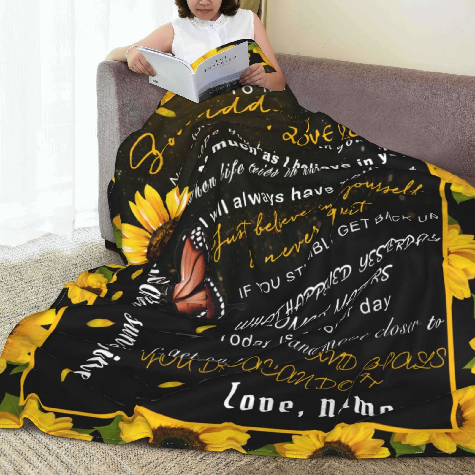 Personalized Custom Name Blanket - Love Letter to My Granddaughter from Grandpa & Grandma - Butterfly Sunflower Design - 50x60 Inches Soft Fleece Throw Blanket - Perfect for Birthday Gifts, Nursery Decor, and Cozy Family Moments