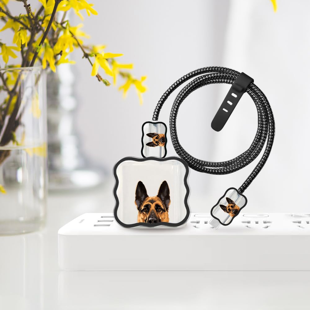 Wirester 5-in-1 Cable Protector Set for 18W/20W USB-C Charger - Durable Charging Cable Cover with German Shepherd Design, Compatible with iPhone 11/12/13/14/15 Pro Max & Adapters - Perfect for Home, Office & Travel Use