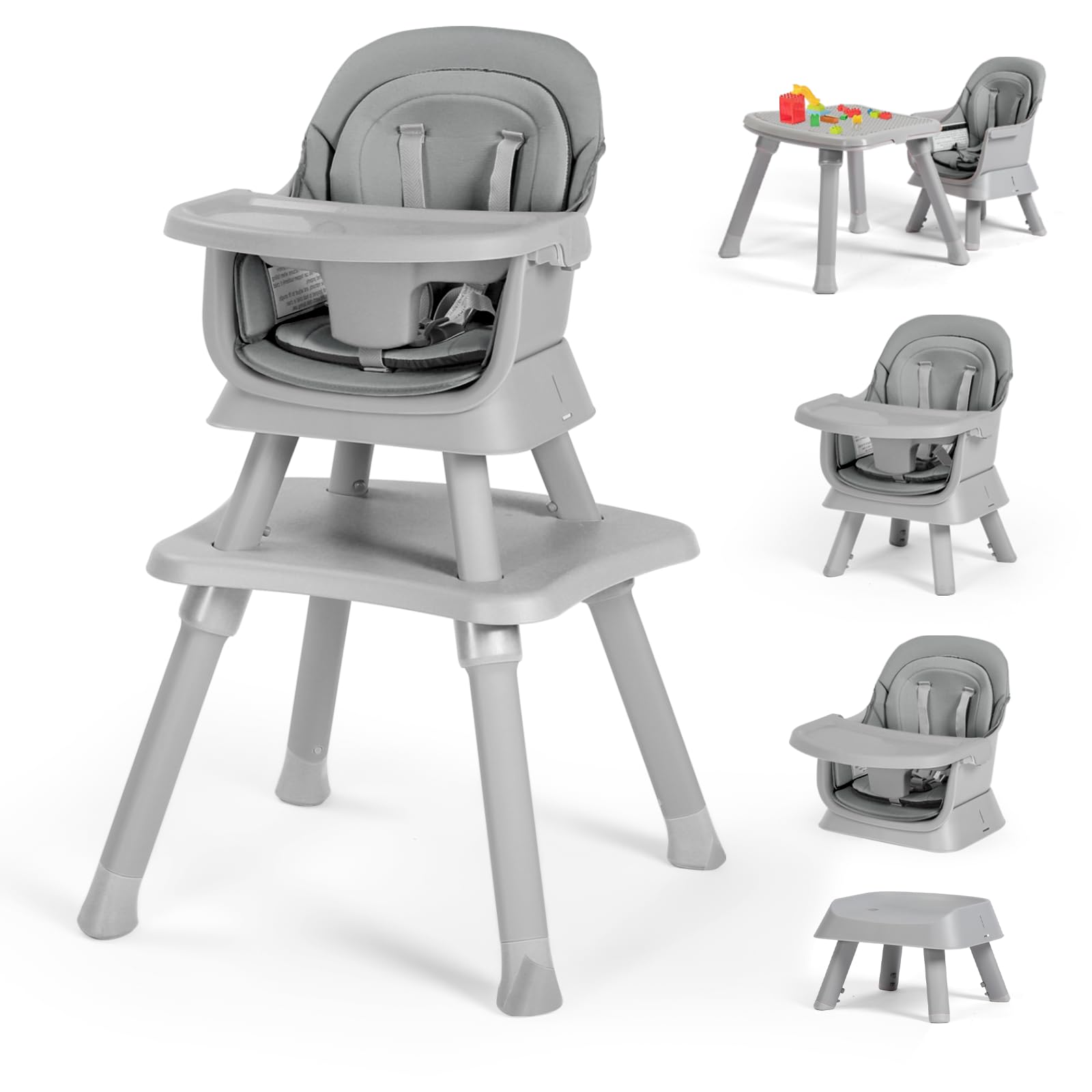 Kinder King 8-in-1 Convertible Baby High Chair - Dining Booster Seat, Kids Table & Chair Set, Toddler Building Block Table with Removable Tray & Washable Seat Covers (Grey & White) - Perfect for Mealtime, Playtime & Learning Activities at Home or Daycare
