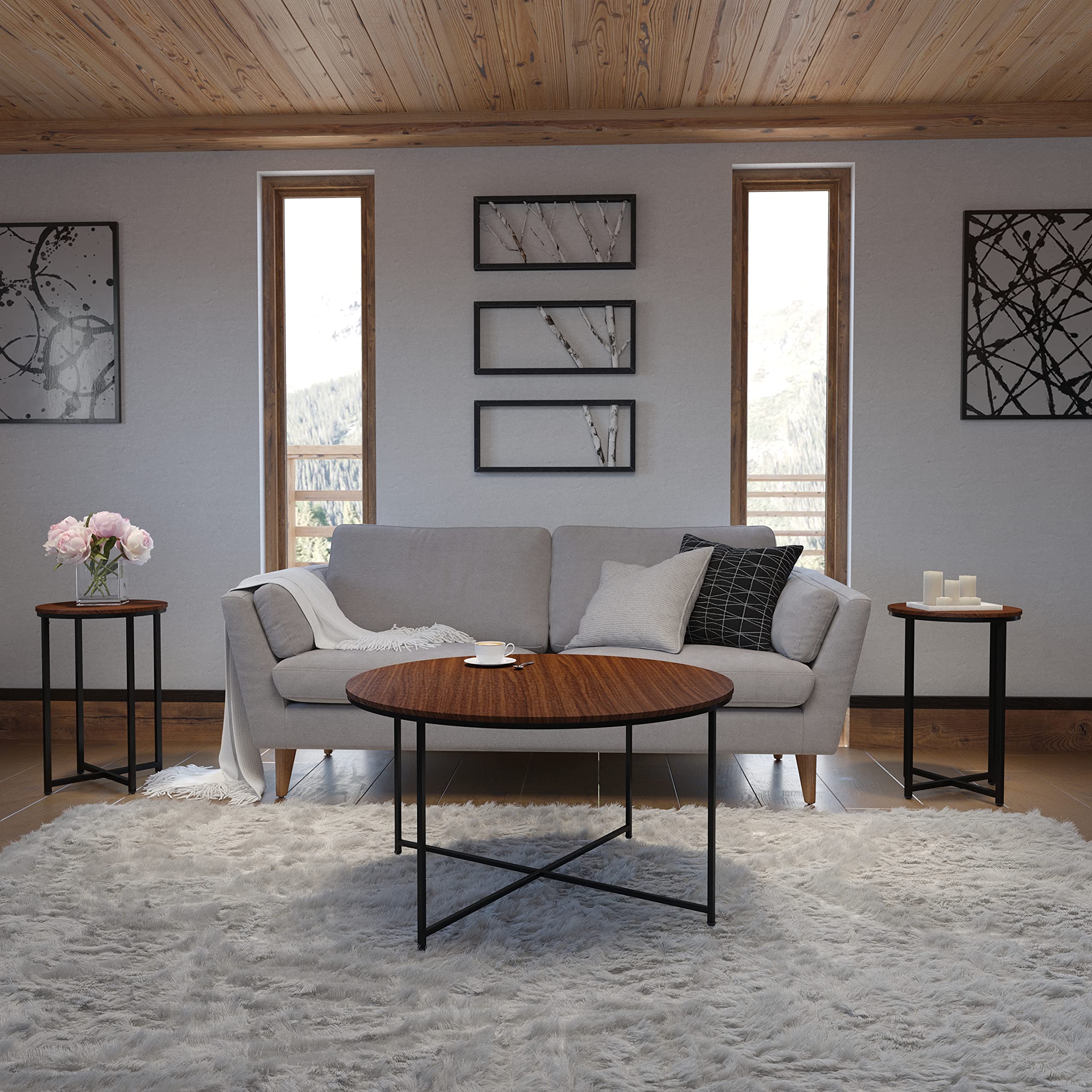 EMMA + OLIVER Walnut Finish Coffee Table and 2 End Tables Set with Matte Black X Metal Frame - Modern Living Room Furniture for Home Decor