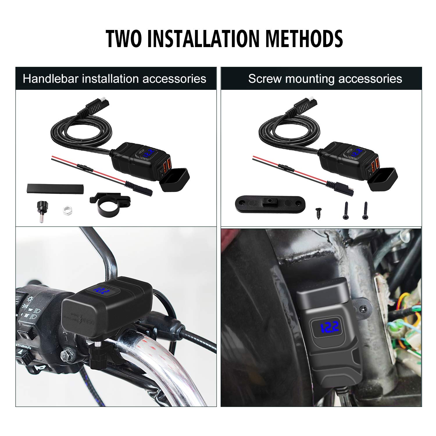12V Motorcycle Quick Charger SAE to USB Adapter - Dual USB Fast Charging Port with LED Indicator for Phone, GPS, Tablet - Perfect for Long Rides & Outdoor Adventures