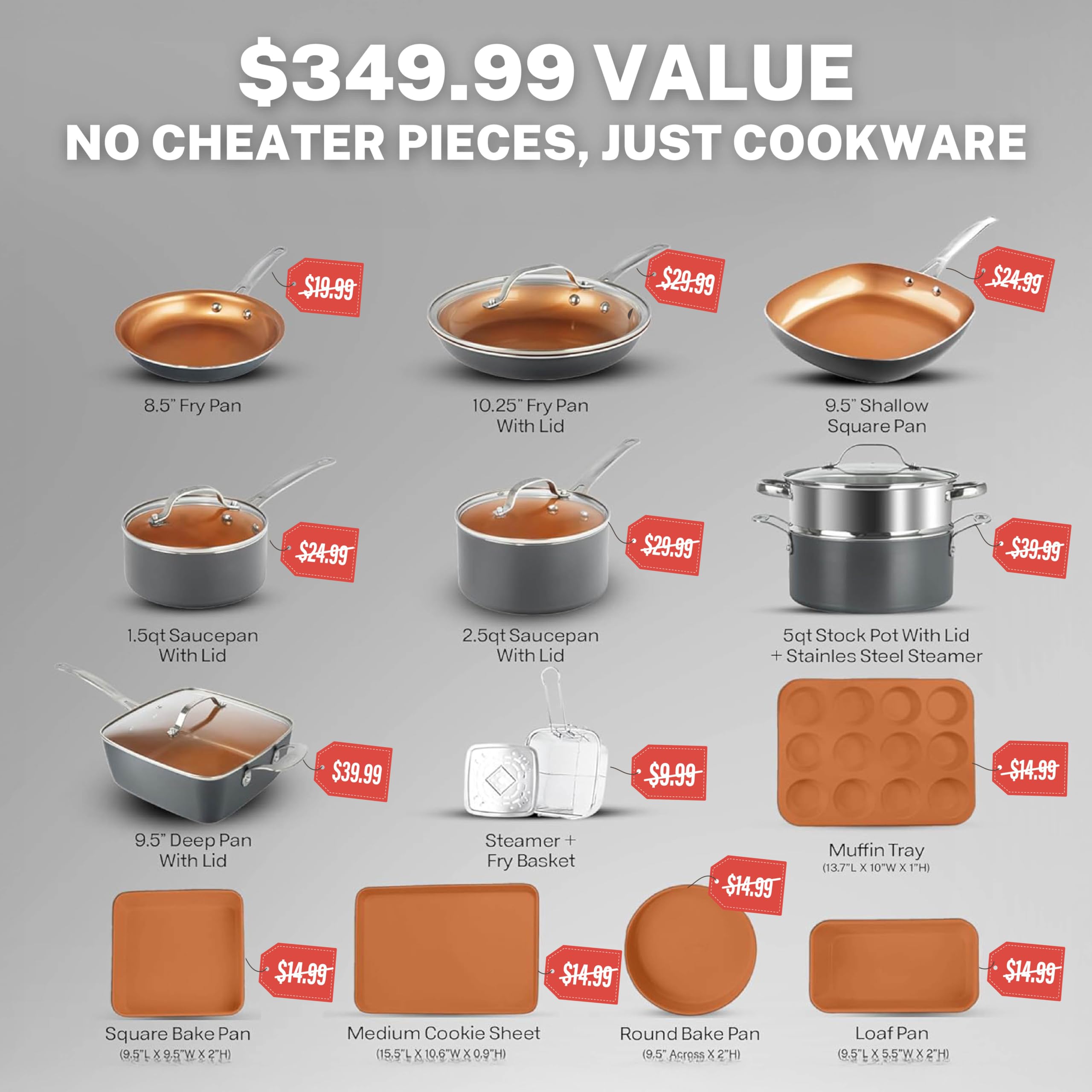 Gotham Steel True 20-Piece Ceramic Nonstick Cookware Set - PFOA/PFOS Free Pots & Pans with Deep Square Pan & Bakeware | Oven & Dishwasher Safe | Perfect for Healthy Cooking, Baking & Family Meals