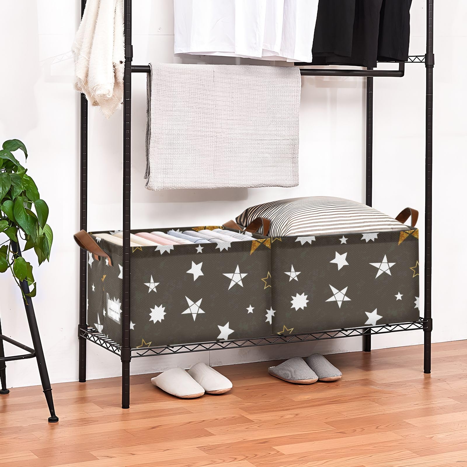 Minimalist Brown Star Fabric Collapsible Storage Baskets with Handles - 2 Pack Organizer for Books, Shelves & Closet | Perfect for Home, Office & Nursery Organization