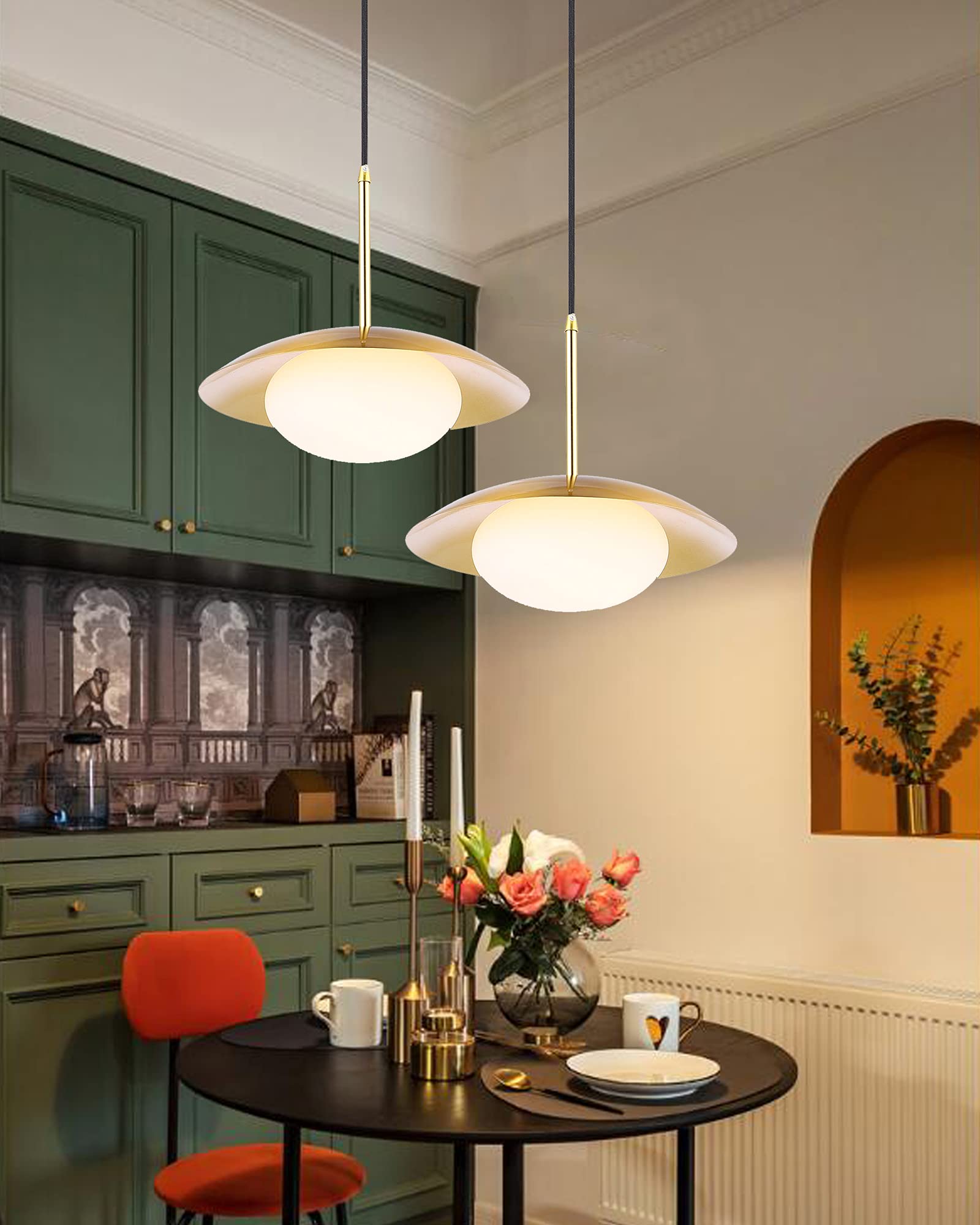 Modern Pendant Lighting Set of 2 - Industrial Hanging Lights with Brushed Brass Finish & White Globe Glass Shades - Perfect for Kitchen Island, Dining Room, and Living Room Lighting Decor