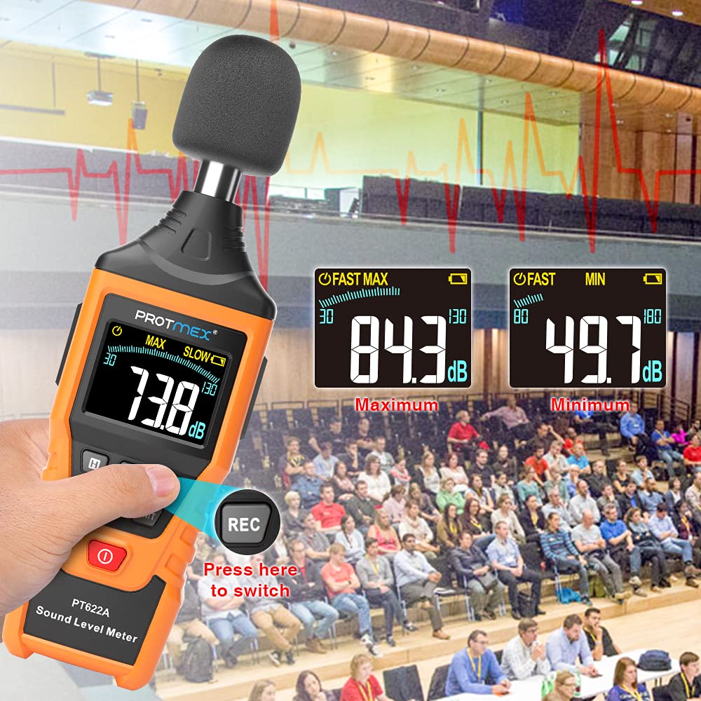 Protmex PT622A Digital Sound Level Meter - 30-130 dB Decibel Reader with Large LCD Display, ±1.5dB Accuracy, Fast/Slow Mode Selection - Perfect for Home, Workplace, and Industrial Noise Measurement