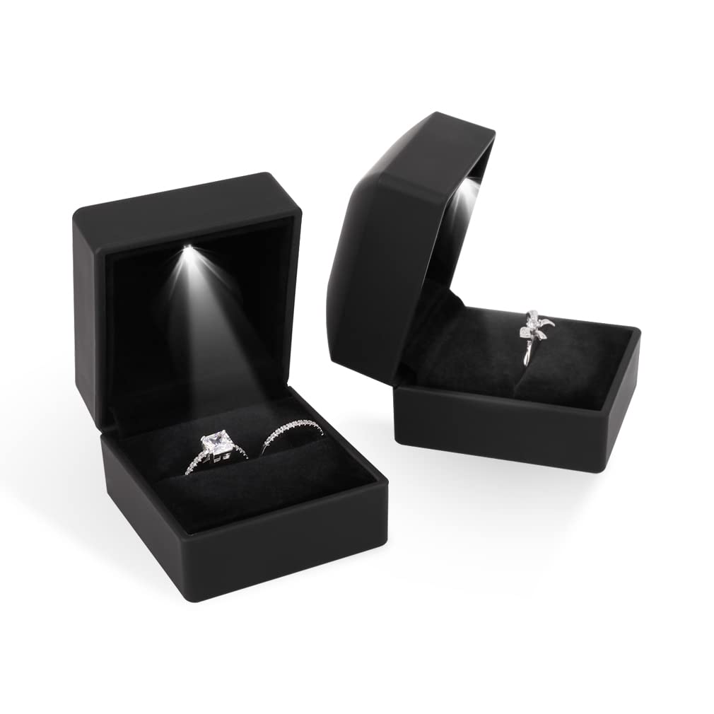 iSuperb® Black LED Jewelry Ring Box - Elegant Gift Case for Engagement, Wedding & Proposal Rings - Perfect for Proposals, Anniversaries & Special Occasions