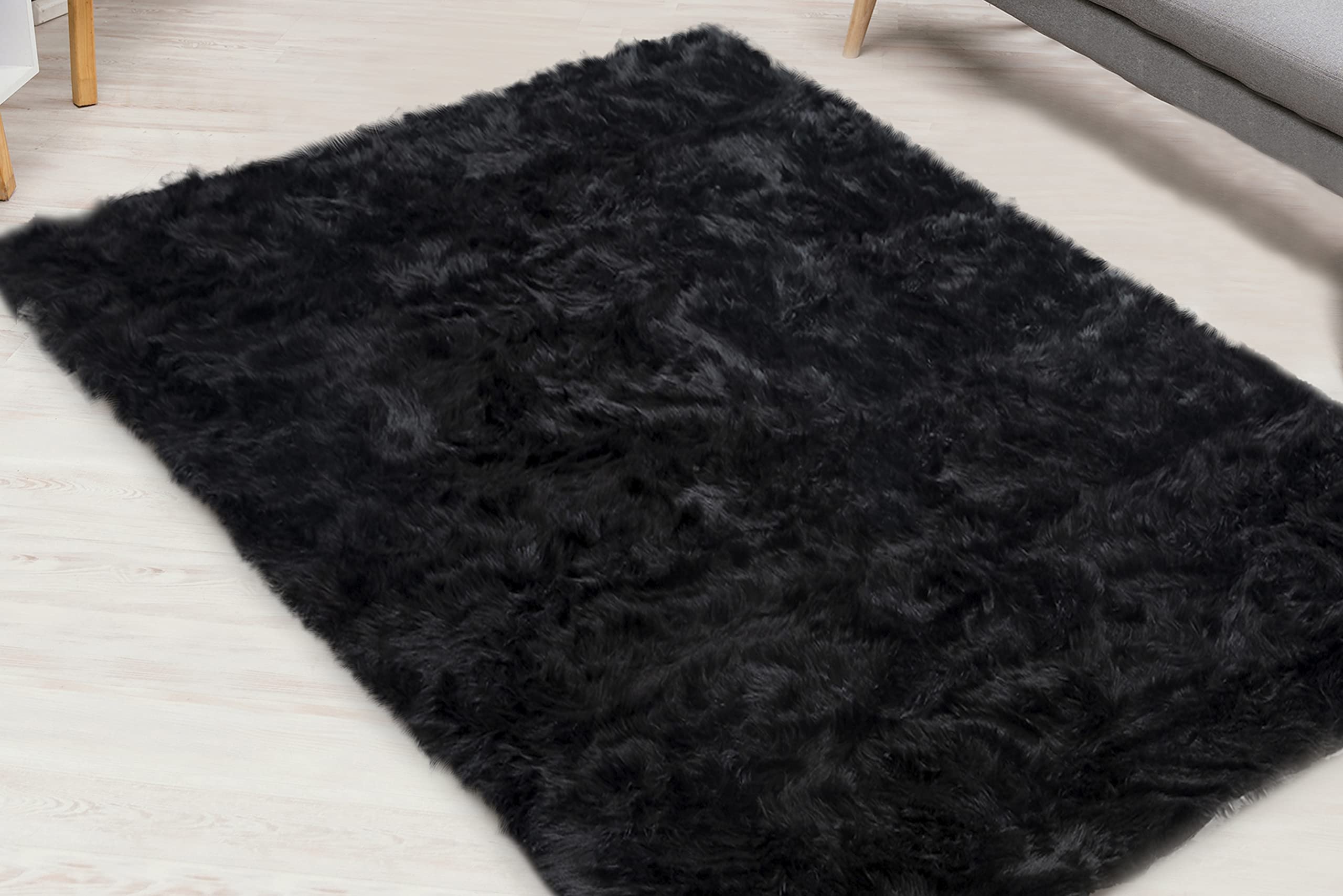 6x9 ft Soft Faux Fur Area Rug - Black Fluffy Sheepskin Rug for Living Room, Bedroom, Nursery | Non-Slip Machine Washable Rectangle Rug for Cozy Home Decor & Kids Room