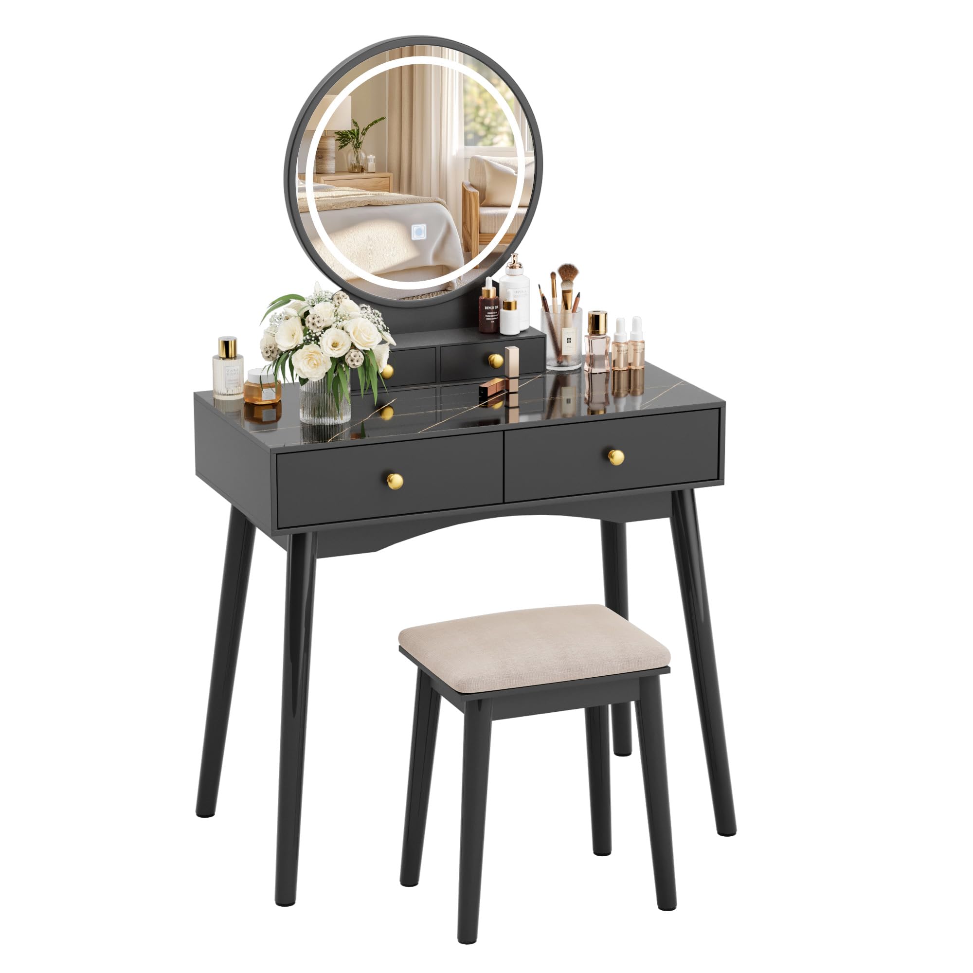 YESHOMY Small Makeup Vanity Desk with LED Mirror - Modern Striped Design, 4 Storage Drawers & Soft Cushioned Stool - 3 Color Lighting Modes - Perfect for Bedroom, Dressing Room or Beauty Salon (Black)