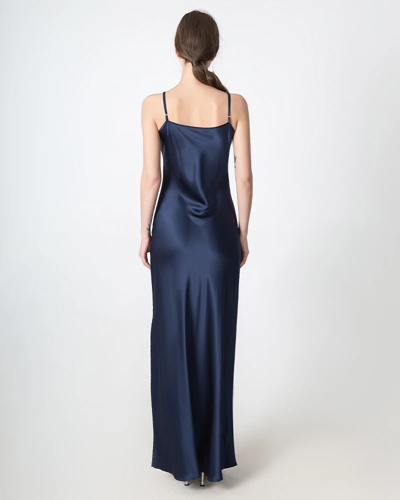 Elegant Slit V-Neck Maxi Silk Dress for Women - Flowy Long Formal Evening Gown - Perfect for Weddings, Parties & Special Occasions