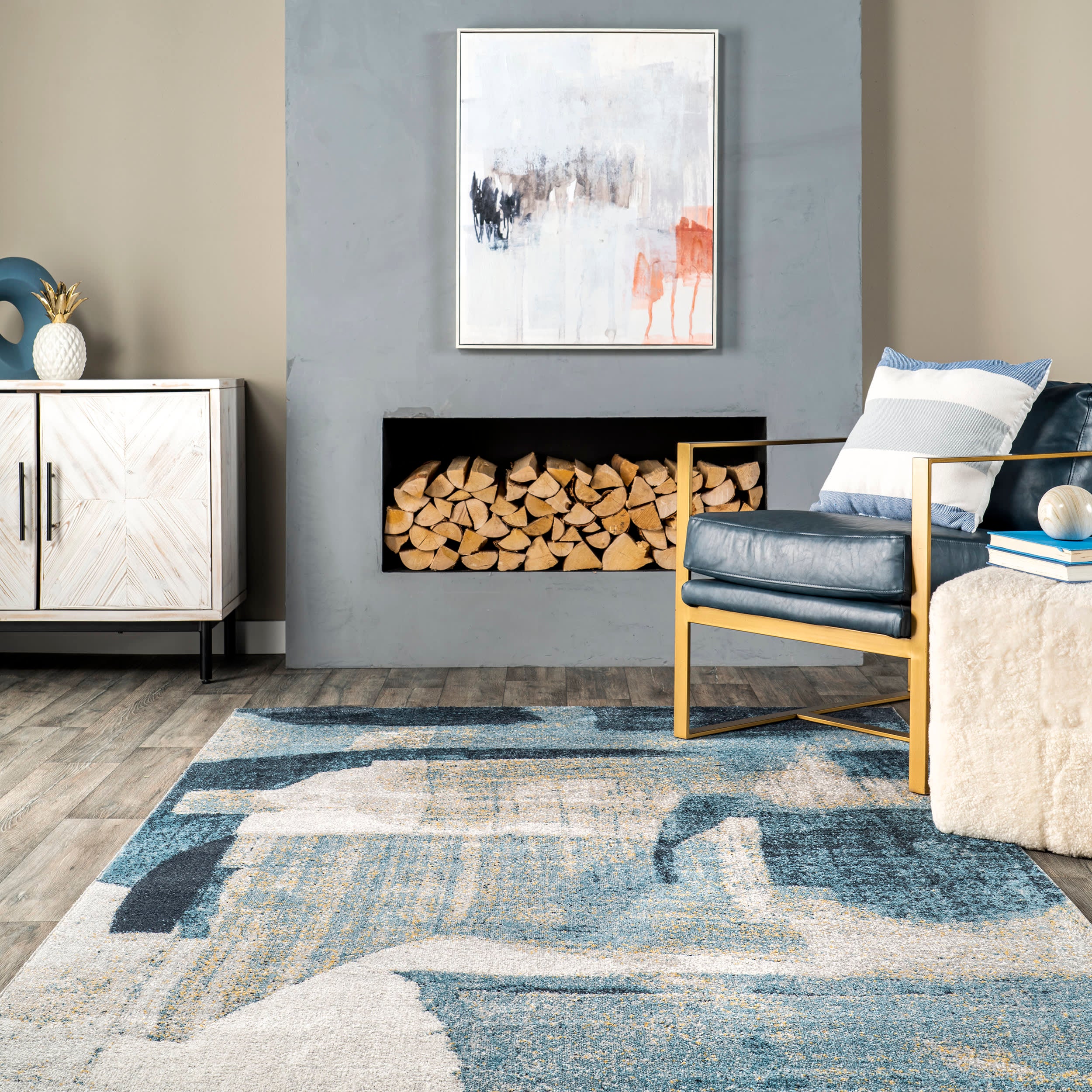 Washable Abstract Area Rug - Soft Blue Modern Design for Living Room, Bedroom & Office | Machine Washable Non-Slip Decor