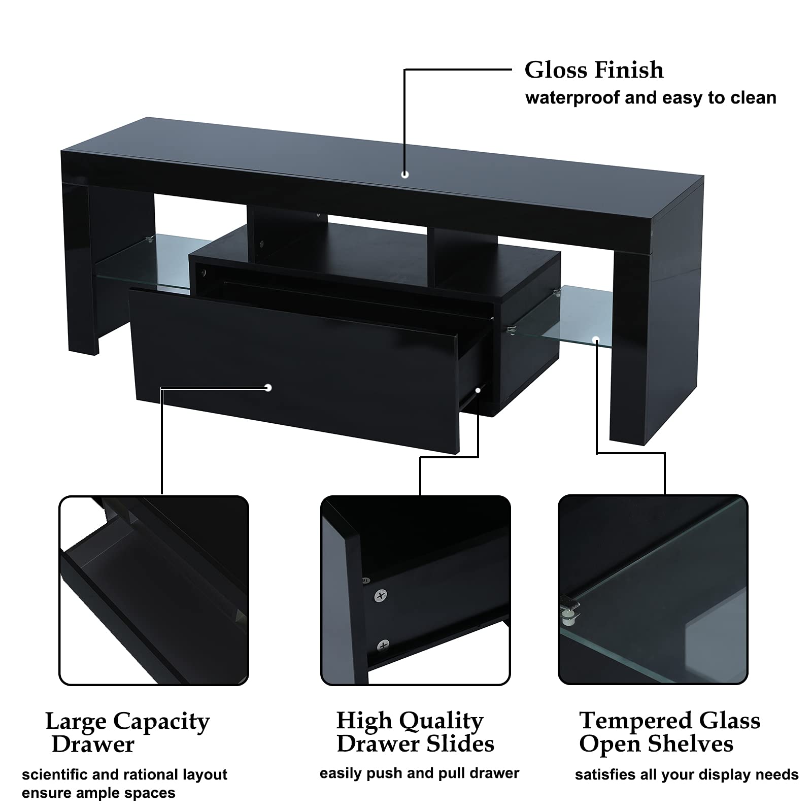 55 Inch LED TV Stand with 20 Color Lights - Black High Gloss Entertainment Center with Storage Drawer & Glass Shelf - Perfect for Gaming Setup, Living Room & Bedroom TV Console