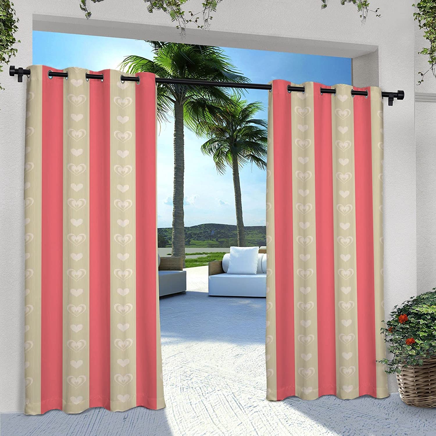 Vintage Waterproof Outdoor Patio Curtains - Carmine & Pale Ochre Stripes with Heart Patterns, UV/Fade Resistant Gazebo Curtains in Pink Khaki for Garden, Porch & Backyard Decor