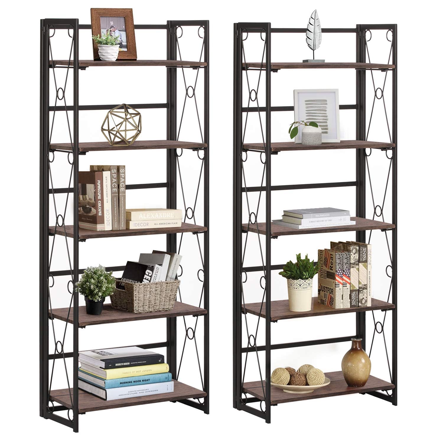 VECELO 5-Tier Folding Bookshelf - No Assembly Metal Bookcase, Industrial Freestanding Shelf Organizer for Living Room, Office, Bedroom & Kitchen - Perfect for Small Spaces & Home Storage Solutions
