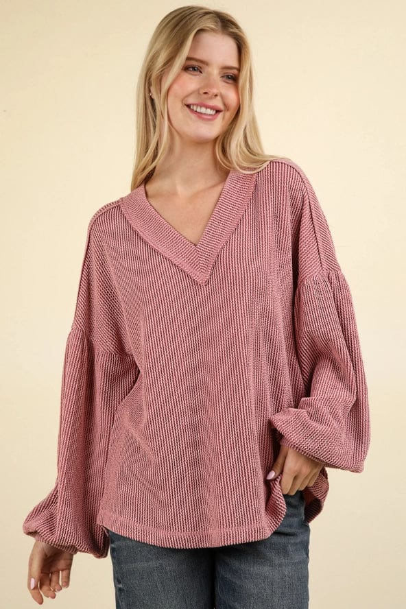 Pink Oversized Ribbed V-Neck Long Sleeve T-Shirt for Women | Soft Stretchy Comfort Fit | Casual Wear, Layering & Everyday Outfits