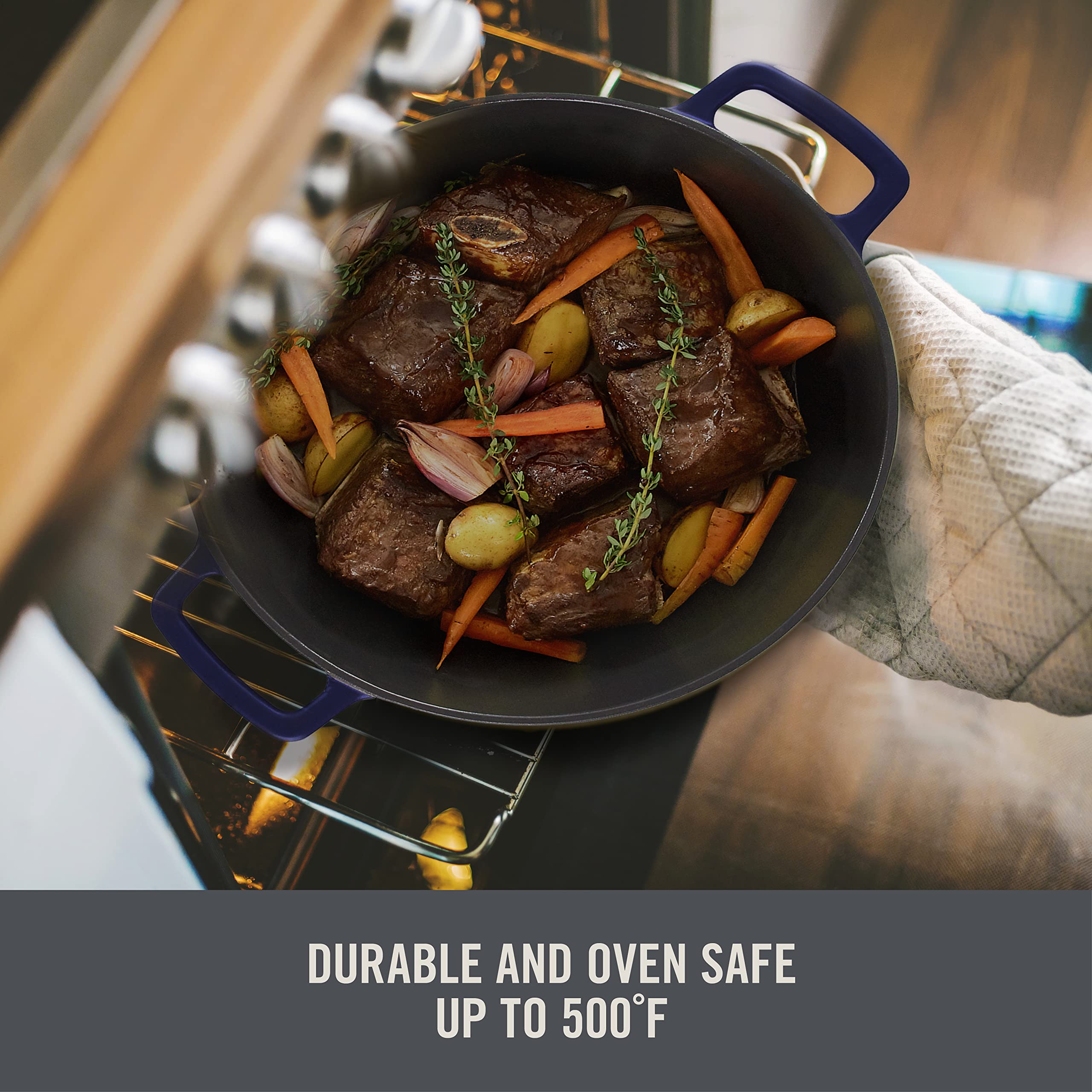 DASH Zakarian by Dash 4.5Qt Nonstick Cast Iron Braiser Pan - Blue Dutch Oven for Braising, Frying, Roasting, Baking & Sautéing | Perfect for Stovetop, Oven & Serving Dishes