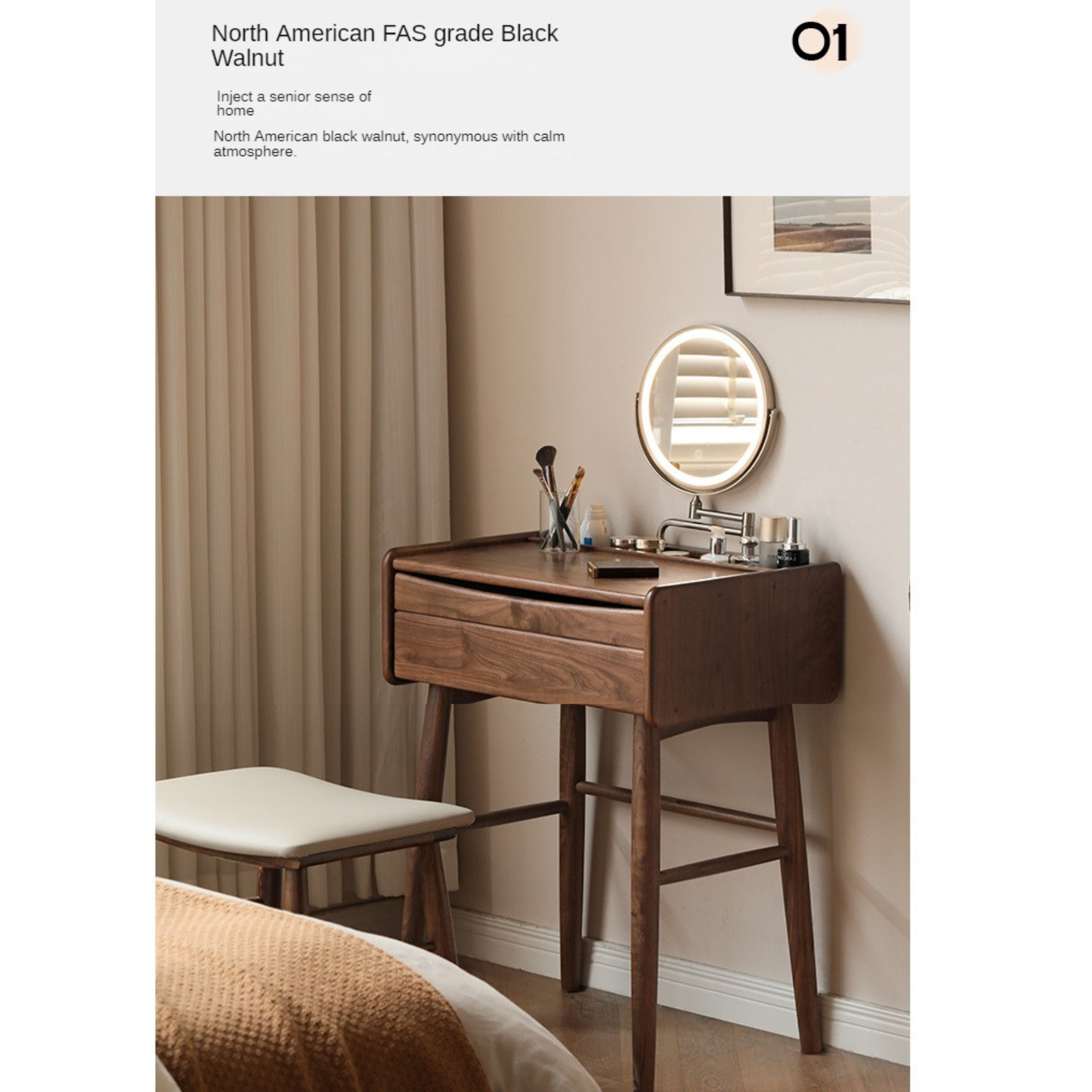 Premium Black Walnut Solid Wood Vanity Dresser with Mirror | Elegant Makeup Dressing Table for Bedroom & Bathroom | Natural Wooden Vanity Desk with Storage
