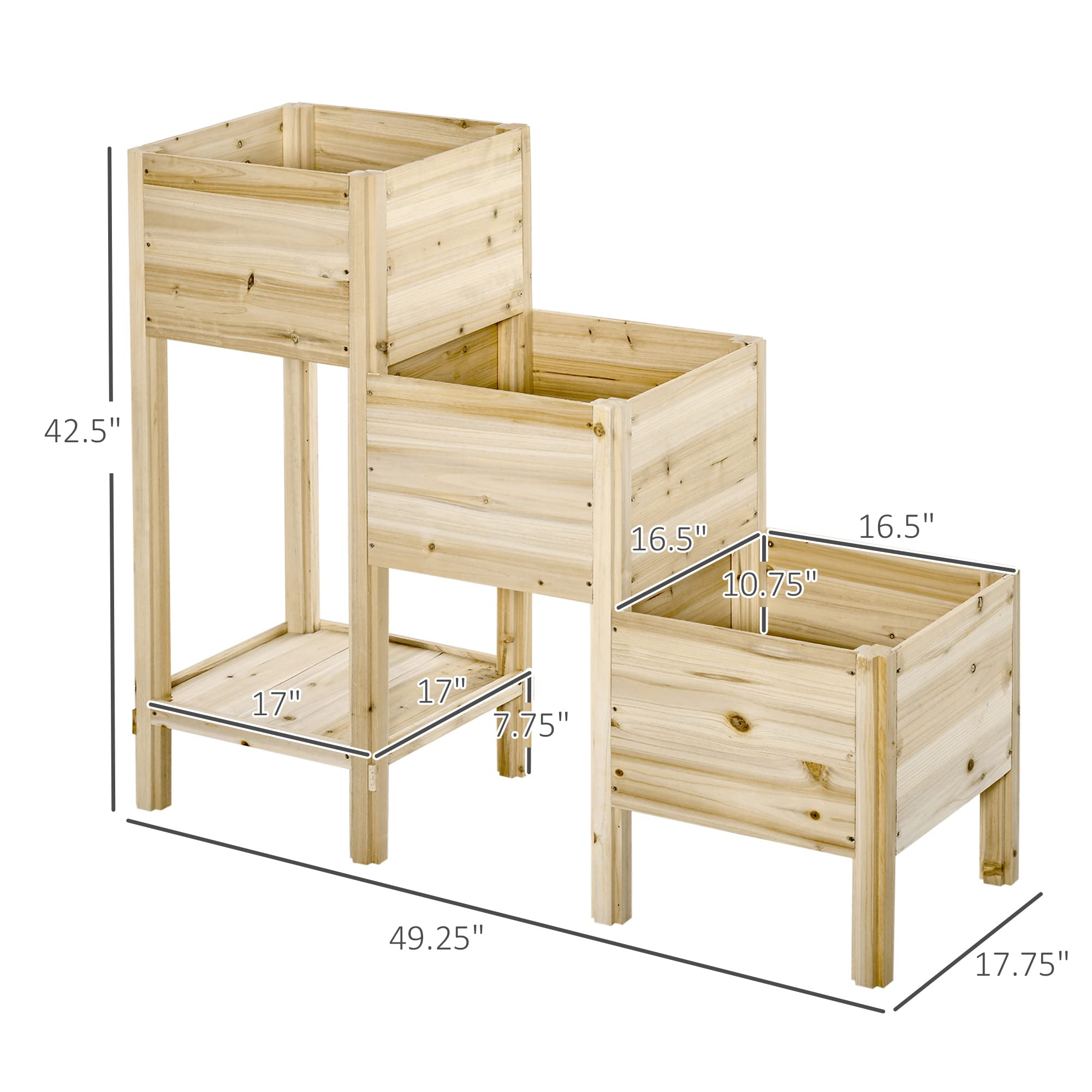 Outsunny 3-Tier Raised Garden Bed with Storage Shelf | Elevated Wooden Planter Box for Vegetables, Herbs & Flowers | Perfect for Patio, Balcony & Backyard Gardening