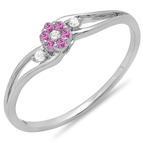 Dazzlingrock 10K White Gold Round White Diamond & Pink Sapphire Women's Promise Ring - Elegant Bridal Swirl Split Shank Cluster Ring for Engagement, Anniversary & Special Occasions
