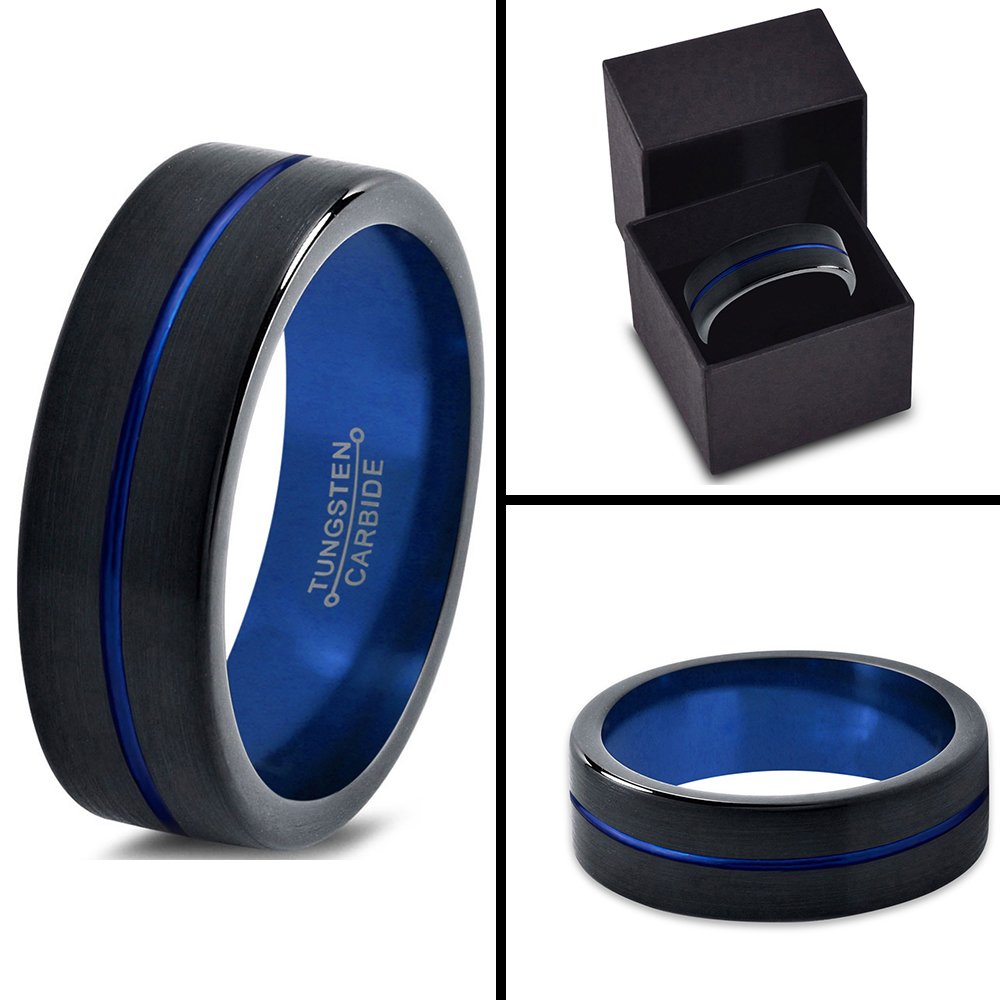 Tungsten Carbide Wedding Band Ring for Men & Women - 6mm Blue & Black Center Line, Flat Cut, Black Brushed & Polished - Custom Engraved Anniversary & Engagement Ring - Perfect for Weddings, Proposals & Special Occasions