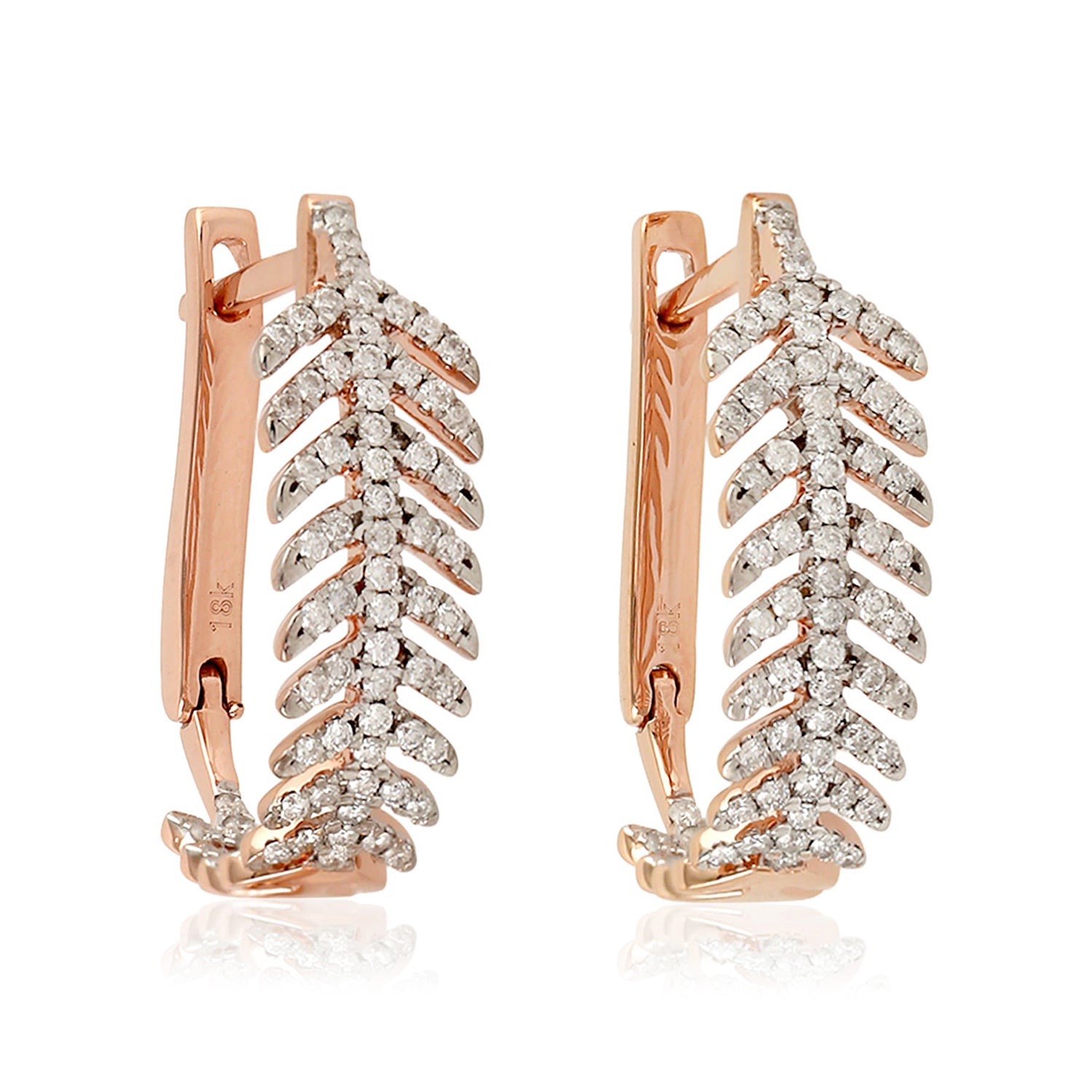 18K Rose Gold Micro Pave Natural Diamond Feather Hoop Earrings for Women - Elegant Dangle Earrings for Weddings, Parties & Special Occasions