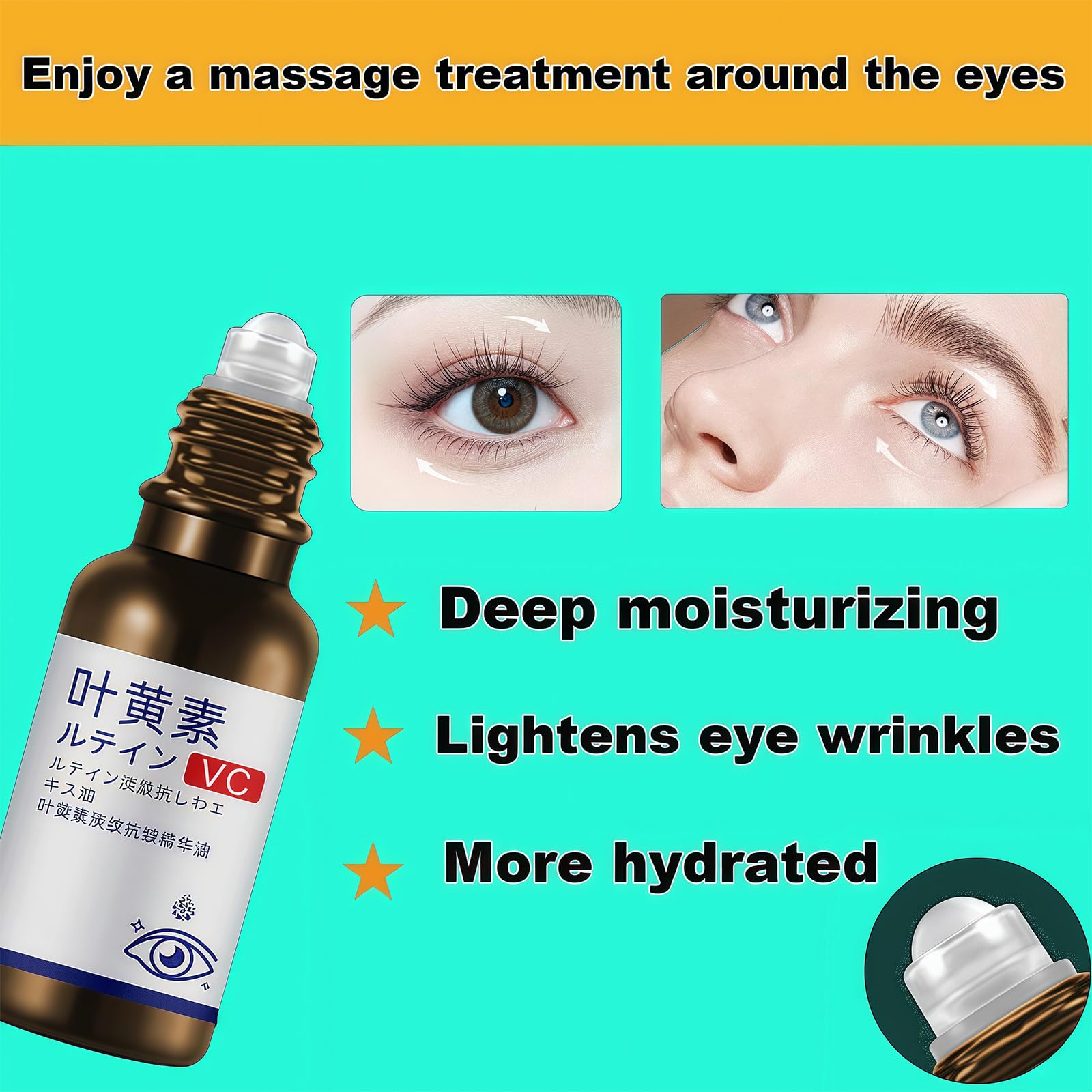 Lutein Eye Essence Oil with Rollerball - Anti-Wrinkle Vitamin C Serum for Dark Circles & Puffiness - Essential Oil for Eye Care & Brightening - Perfect for Night Routine & Travel Skincare