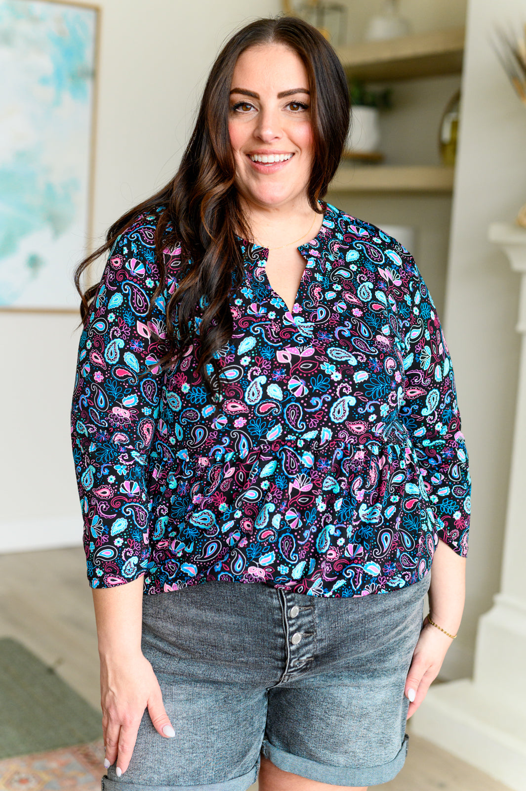 Lizzy Babydoll Top - Black Petite Paisley Print Women's Fashion Blouse | Perfect for Date Night, Parties & Casual Outfits