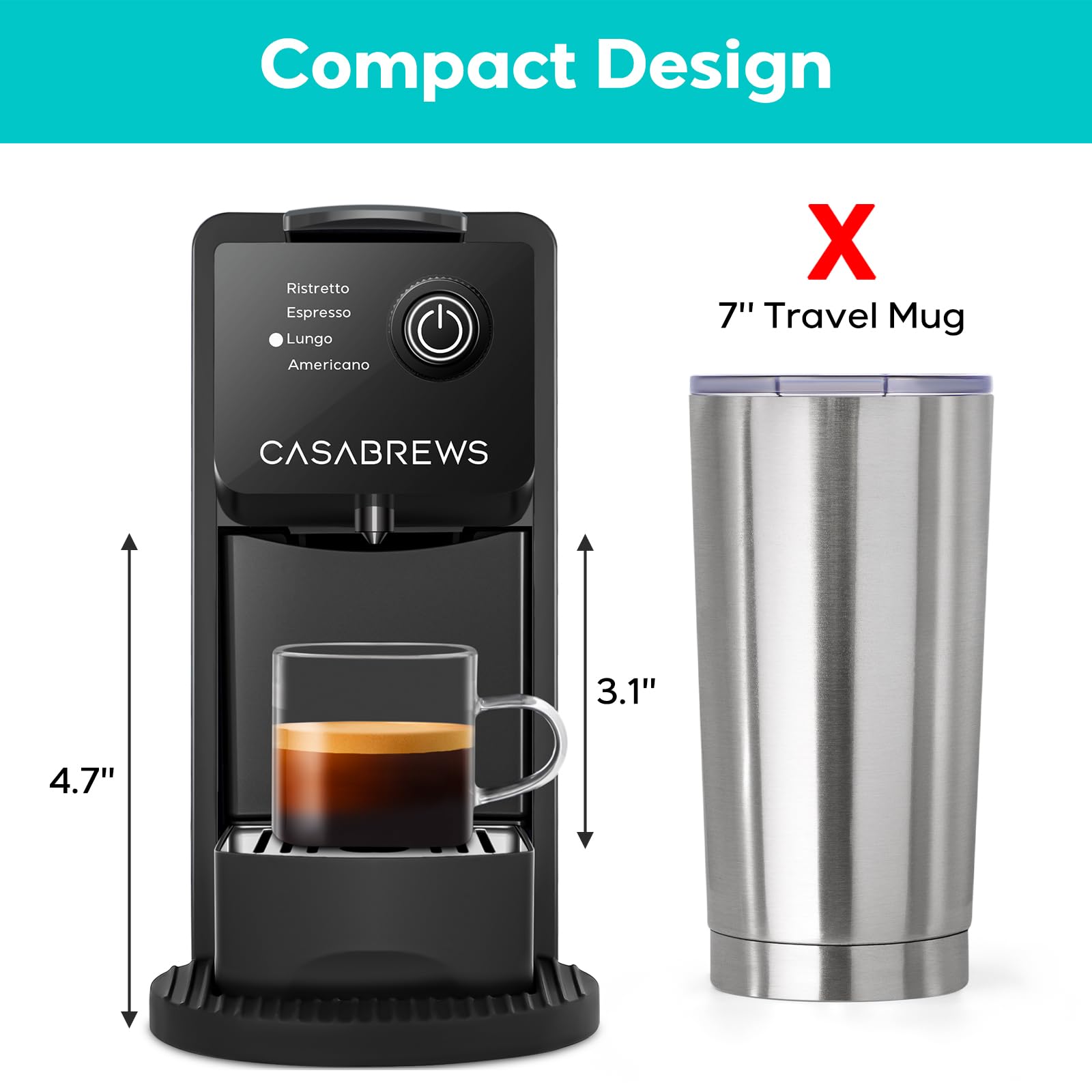 CASABREWS CM7036E Single Serve Espresso Machine for Nespresso Original Pods & K-Cups, 20 Bar Pressure Compact Coffee Maker with 4 Brewing Modes, 21oz Removable Water Tank - Perfect for Home, Office, Dorm or Small Spaces (Black)