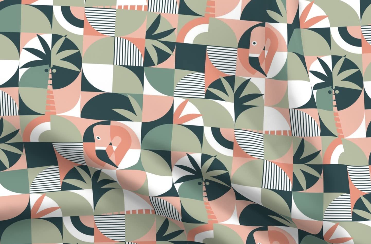 Geo Flamingos Geometric Abstract Flamingo Palm Coral Peach Sage Printed Minky Fabric Fat Quarter - Soft Baby Blanket Material, Quilt Backing, Plush Sewing Fabric for DIY Projects & Nursery Decor