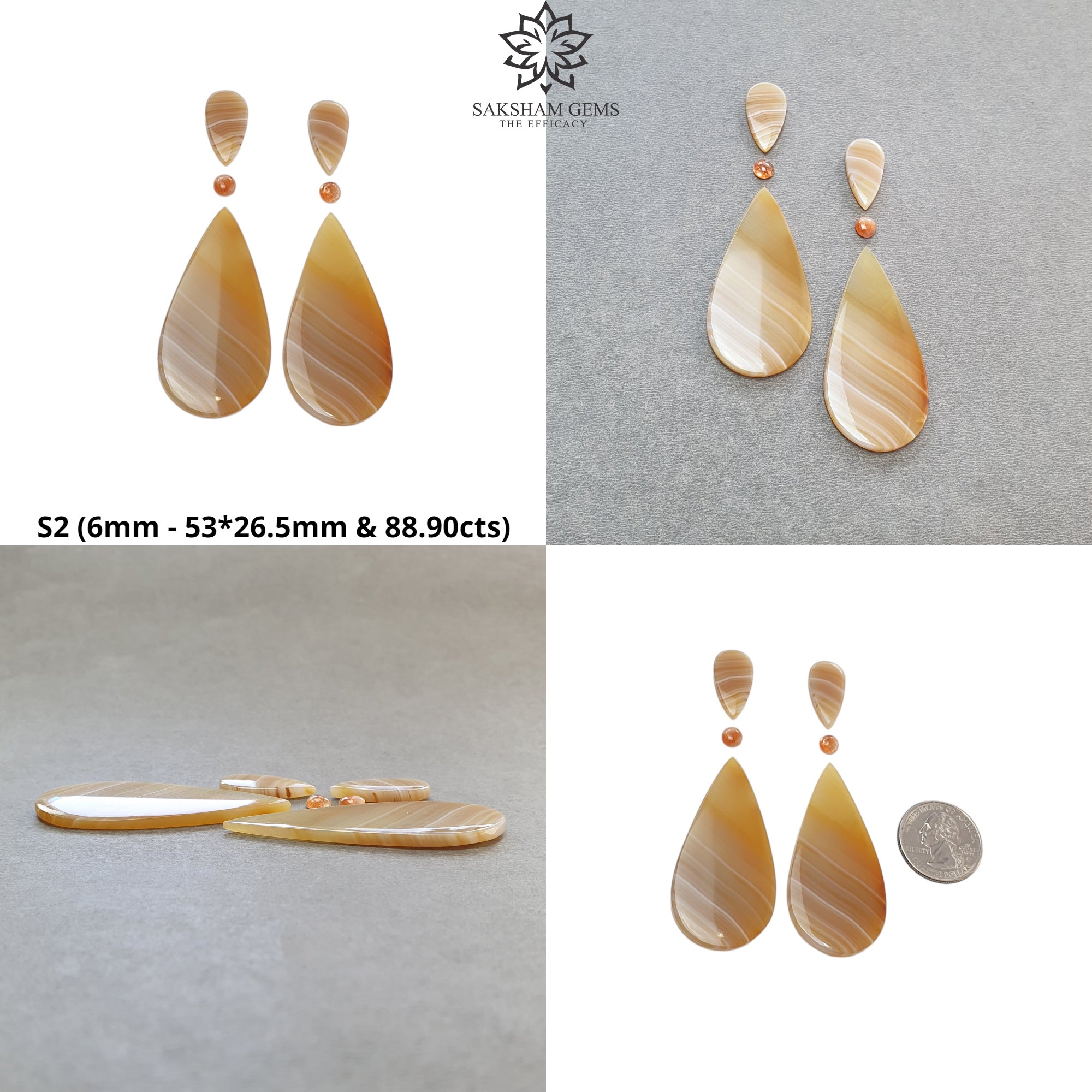 Natural Botswana Agate Sunstone & Labradorite Gemstone Cabochon Set - Untreated Bi-Color Agate in Pear, Oval & Round Shapes (4pc/6pc) - Perfect for Jewelry Making, Wire Wrapping & Crystal Healing