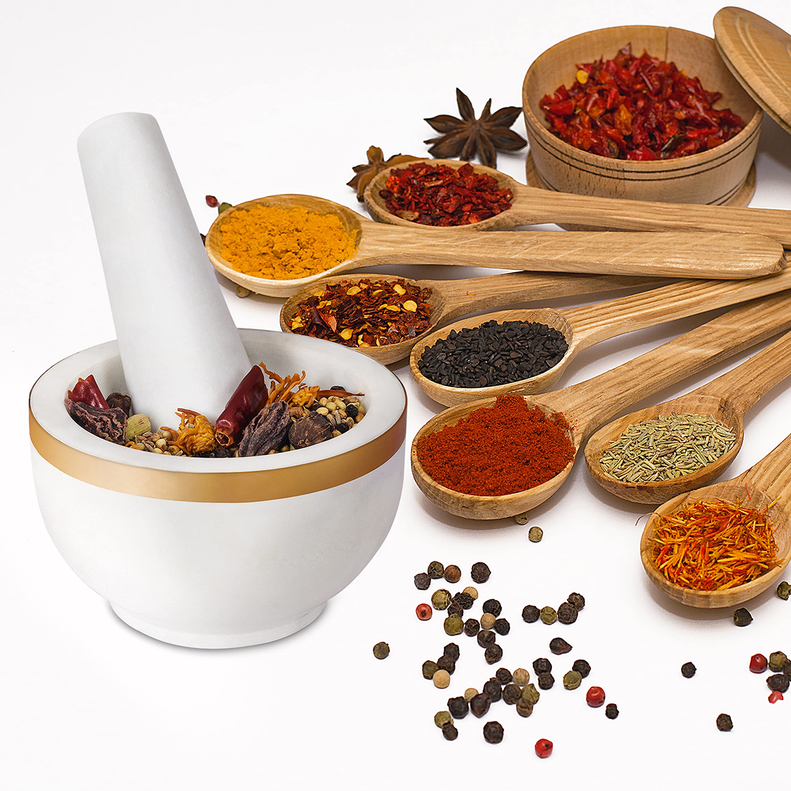 Premium Marble Mortar and Pestle Set with Brass Top - Heavy Duty Natural Stone Grinder for Spices, Herbs, Seasonings, Pastes & More - Perfect for Kitchen, Cooking, Ayurveda & Herbal Medicine Preparation