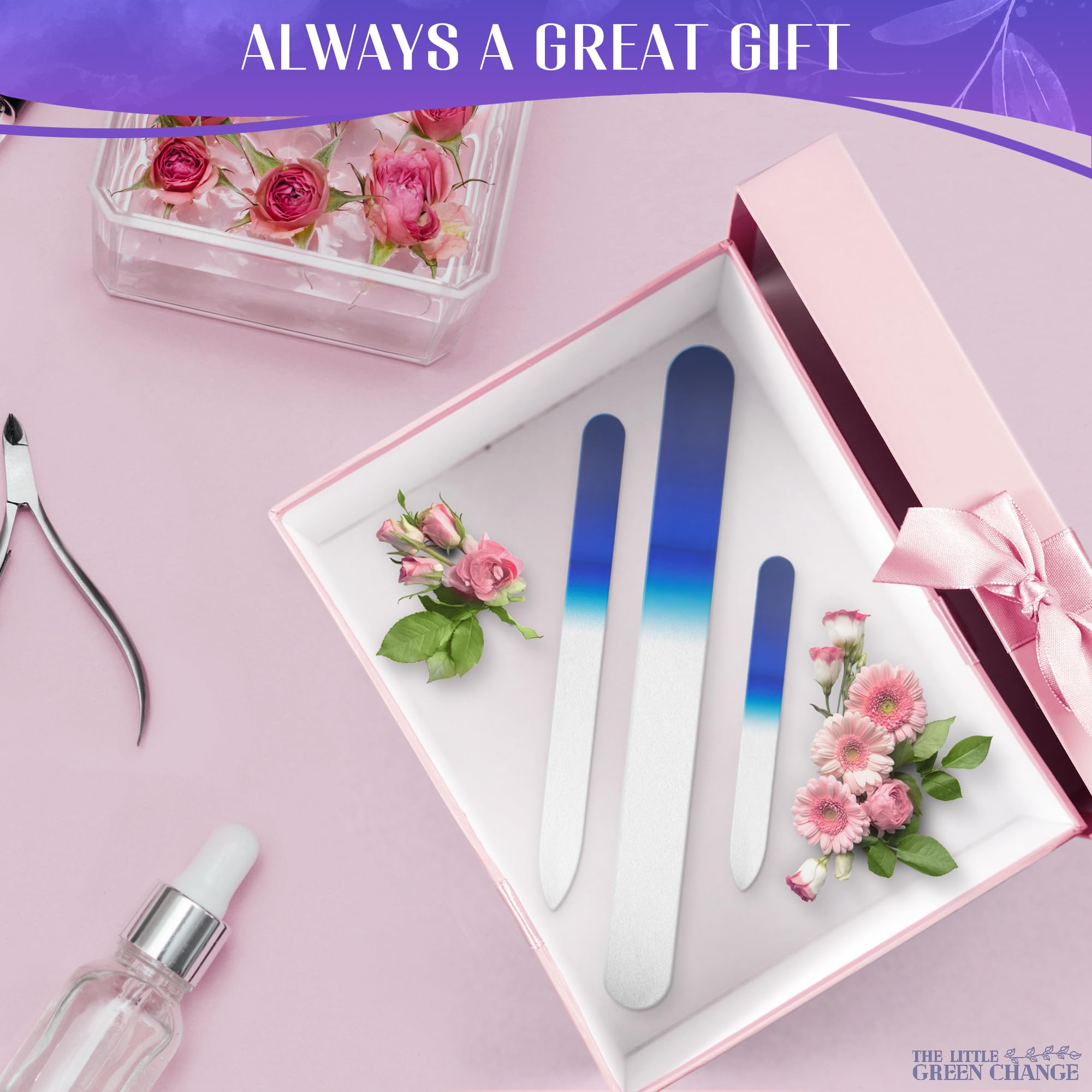 3Pcs Crystal Glass Nail Files Set - Professional Manicure & Pedicure Tools for Natural & Acrylic Nails | Cuticle Pusher & Nail Care Kit | Perfect for Home Salon, Travel & Gift Giving