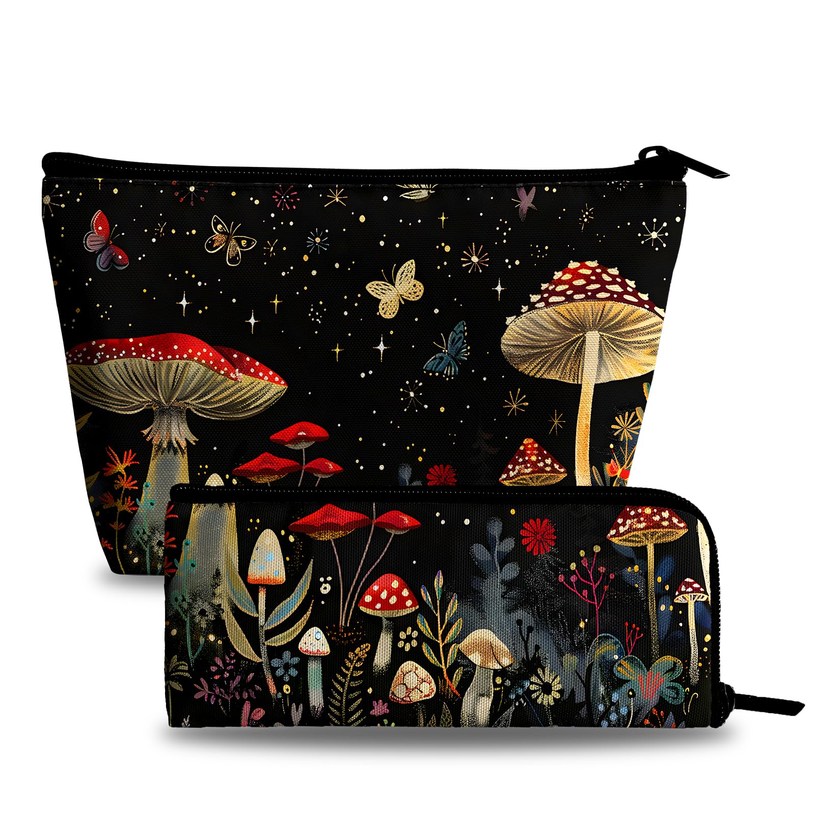 Large Capacity Mushroom Print Makeup Bag & Pencil Case Set for Women - Travel Cosmetic Organizer with Brush Storage | Perfect for Travel, Daily Use & Toiletry Organization