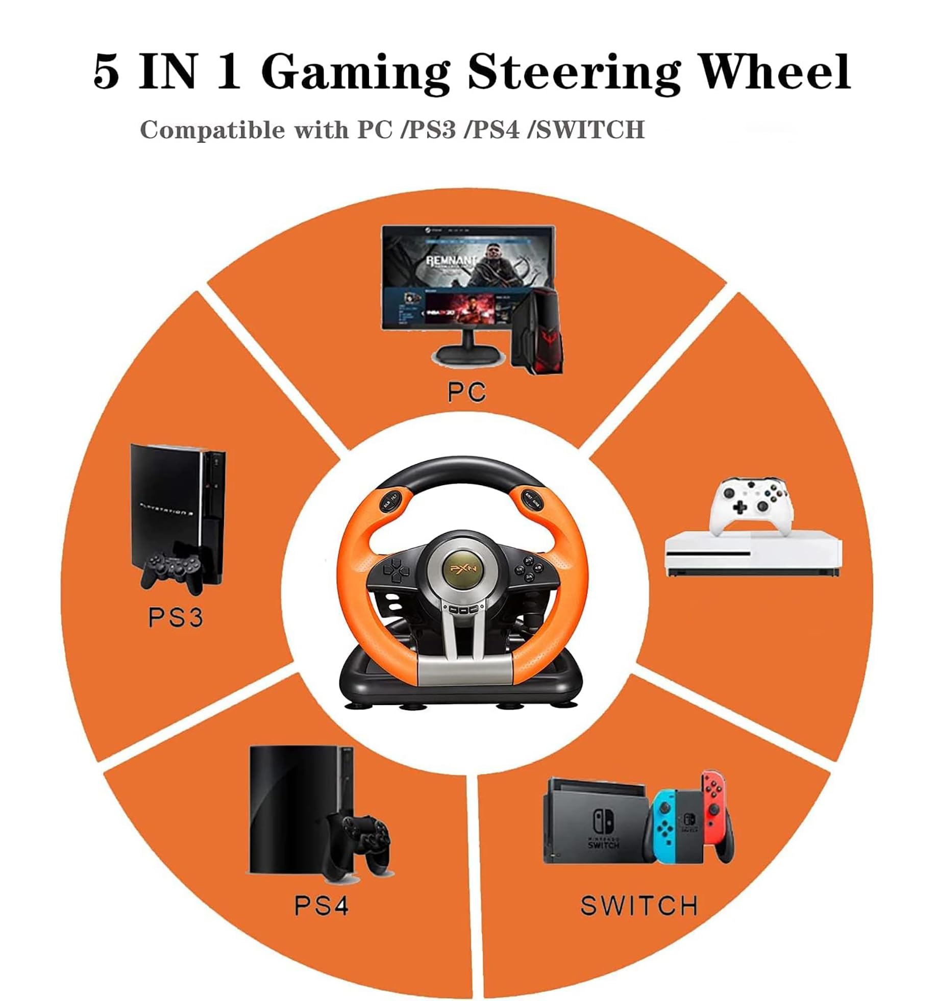 PXN V3 Pro Racing Wheel - 180° Steering Wheel for PS3, PS4, Xbox One, Xbox Series X/S, Nintendo Switch & PC - with Paddle Shifters, Gear Stick & Adjustable Pedals (Orange) - Perfect for Racing Games & Simulation Driving