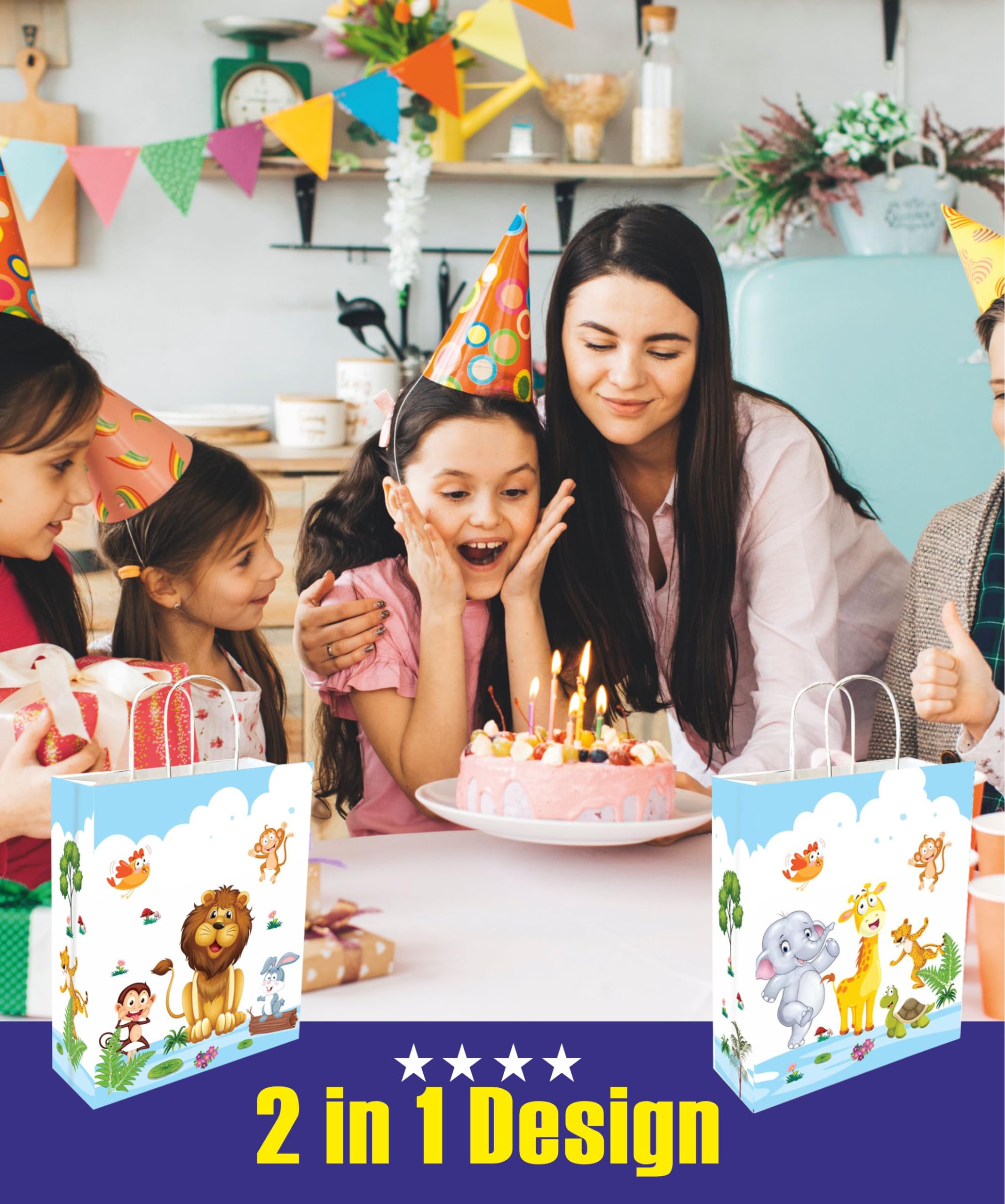 Premium 12-Pack Jungle Safari Animal Print Gift Bags - 90 GSM White Paper Party Favor Bags (11.4x9.4x4.7 Inches) for Birthday Party Favors, Kids Celebration & Special Occasion Gifts - Perfect for Baby Showers, Classroom Rewards and Holiday Treat Bags