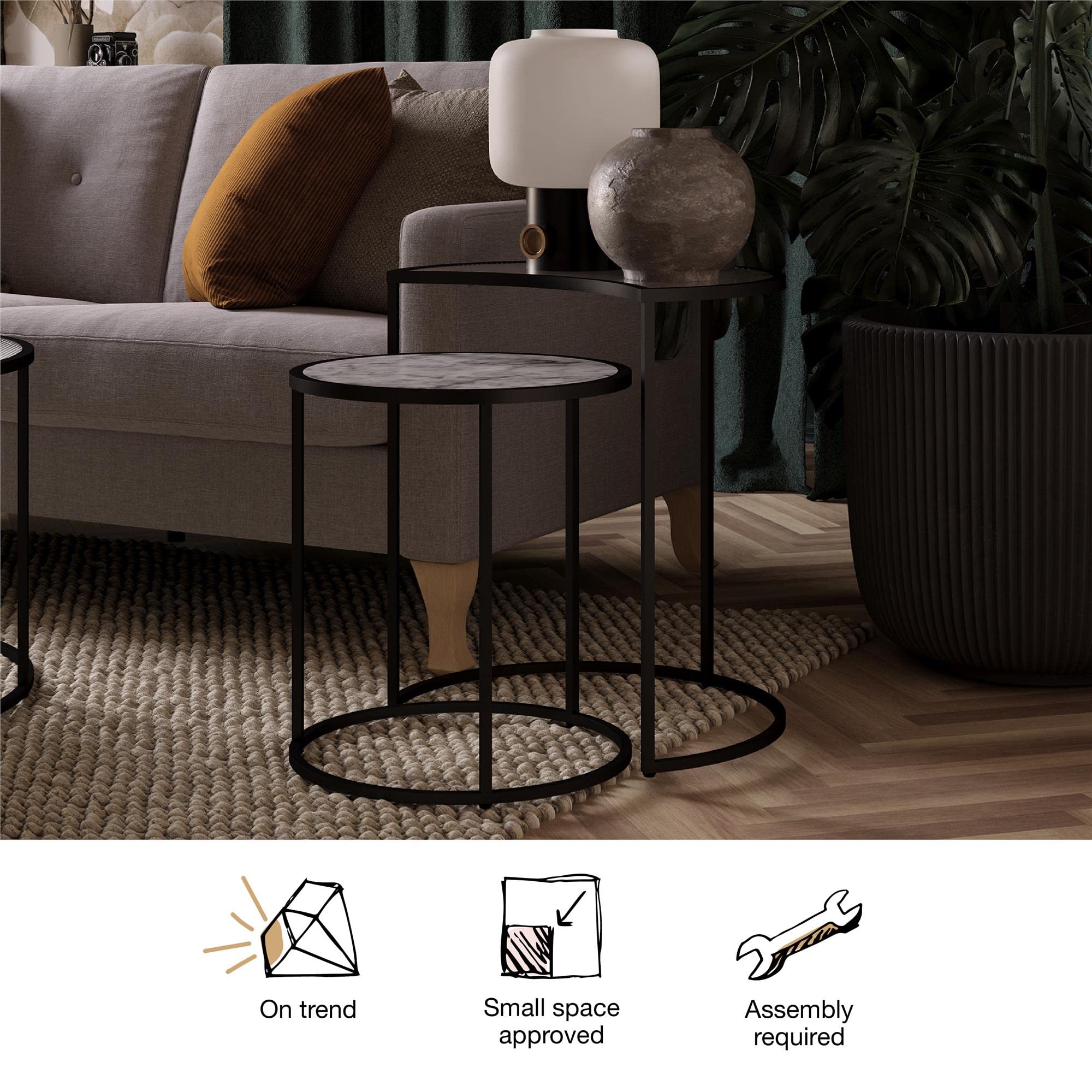 Mr. Kate Moon Phases Nesting End Tables - White Faux Marble & Glass Coffee Side Tables for Living Room, Bedroom - Modern Home Decor Accent Furniture for Small Spaces