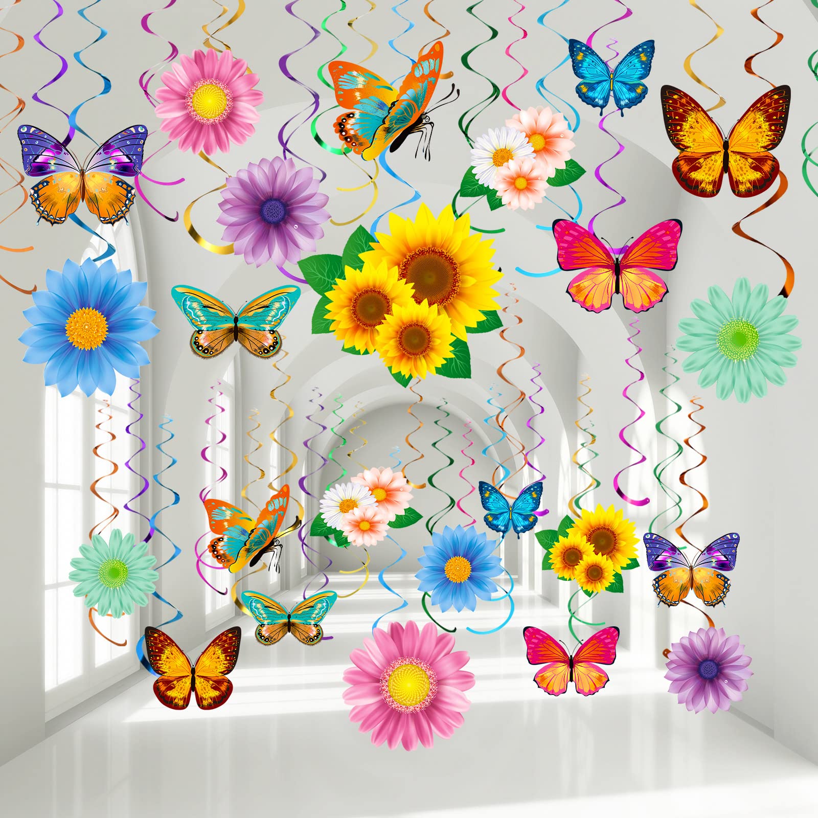 30 Pcs Spring Summer Floral Butterfly Hanging Swirl Decorations - Sunflower Baby Shower, Birthday, Easter Party, Mother's Day & Wedding Decor Supplies (Flower & Butterfly) | Perfect for Indoor/Outdoor Home Decor, Garden Parties, and Seasonal Celebrations