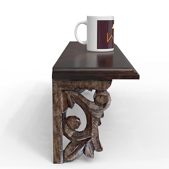 Hand Carved Wood Lacquered Wall Shelf - Rustic Brown Floating Shelf for Living Room, Bedroom & Home Decor - Perfect for Displaying Photos, Plants & Decorative Items