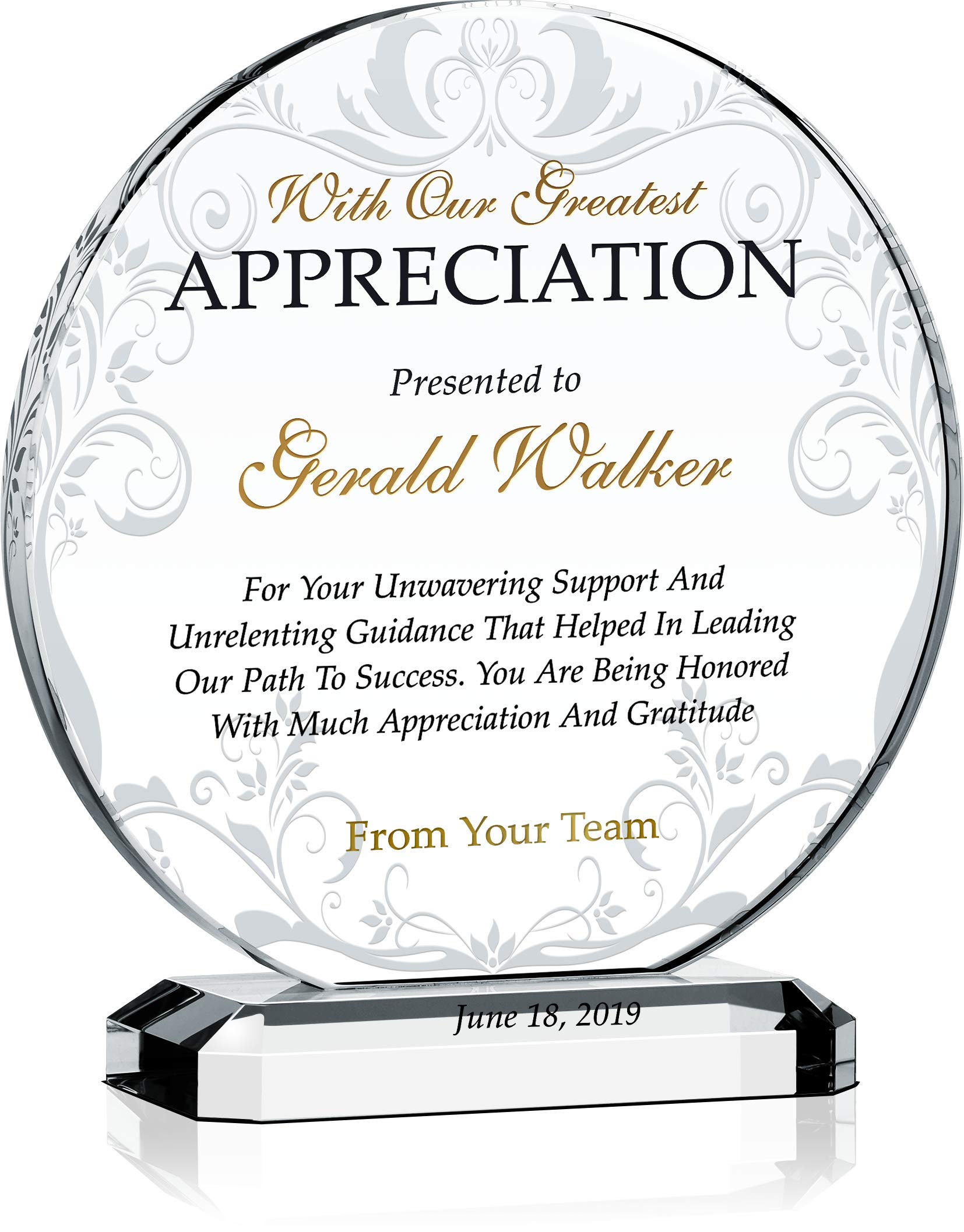 Personalized Appreciation Award Plaque - Custom Engraved Mentor, Coach, Boss, Manager, Board Member Gift with Name & Date - 6.5 Inch Crystal Recognition Plaque - Perfect for Retirement, Promotion, Leadership Awards & Thank You Gifts