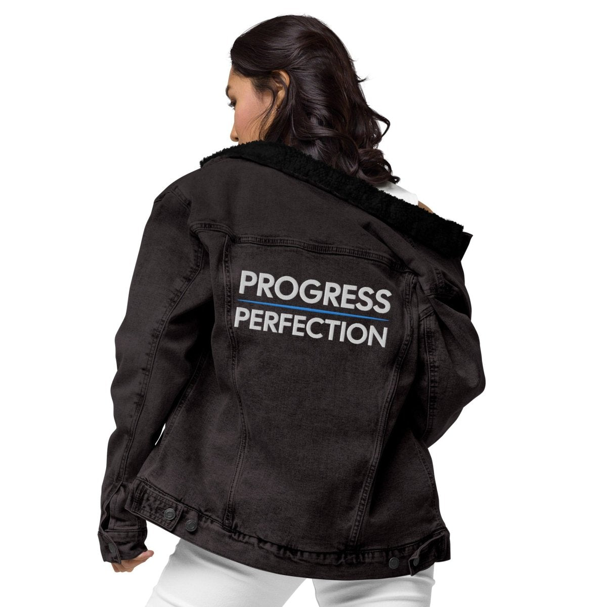 Progress Over Perfection Embroidered Unisex Denim Sherpa Jacket - Cozy Winter Outerwear for Men & Women | Perfect for Casual Outings, Camping & Outdoor Adventures