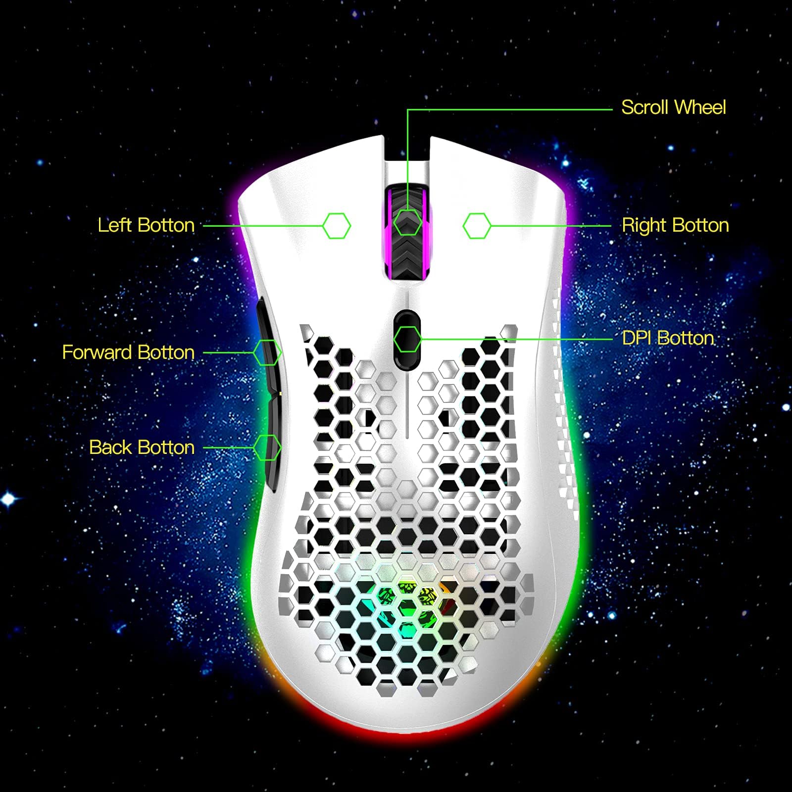VEGCOO Wireless Gaming Mouse - Silent Click, Rechargeable, RGB LED Lights, 3 Adjustable DPI (400-2400), 400mAh Battery for PC, Laptop, Mac - White (C23) - Perfect for Gaming, Office Work & Home Use