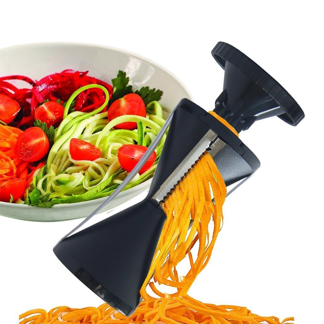 4-in-1 Vegetable Spiralizer with Interchangeable Blades | Zucchini Noodle Maker for Healthy Pasta | Includes Free Ceramic Peeler & Cleaning Brush | Perfect for Low-Carb, Keto, Vegan Diets & Meal Prep | Black