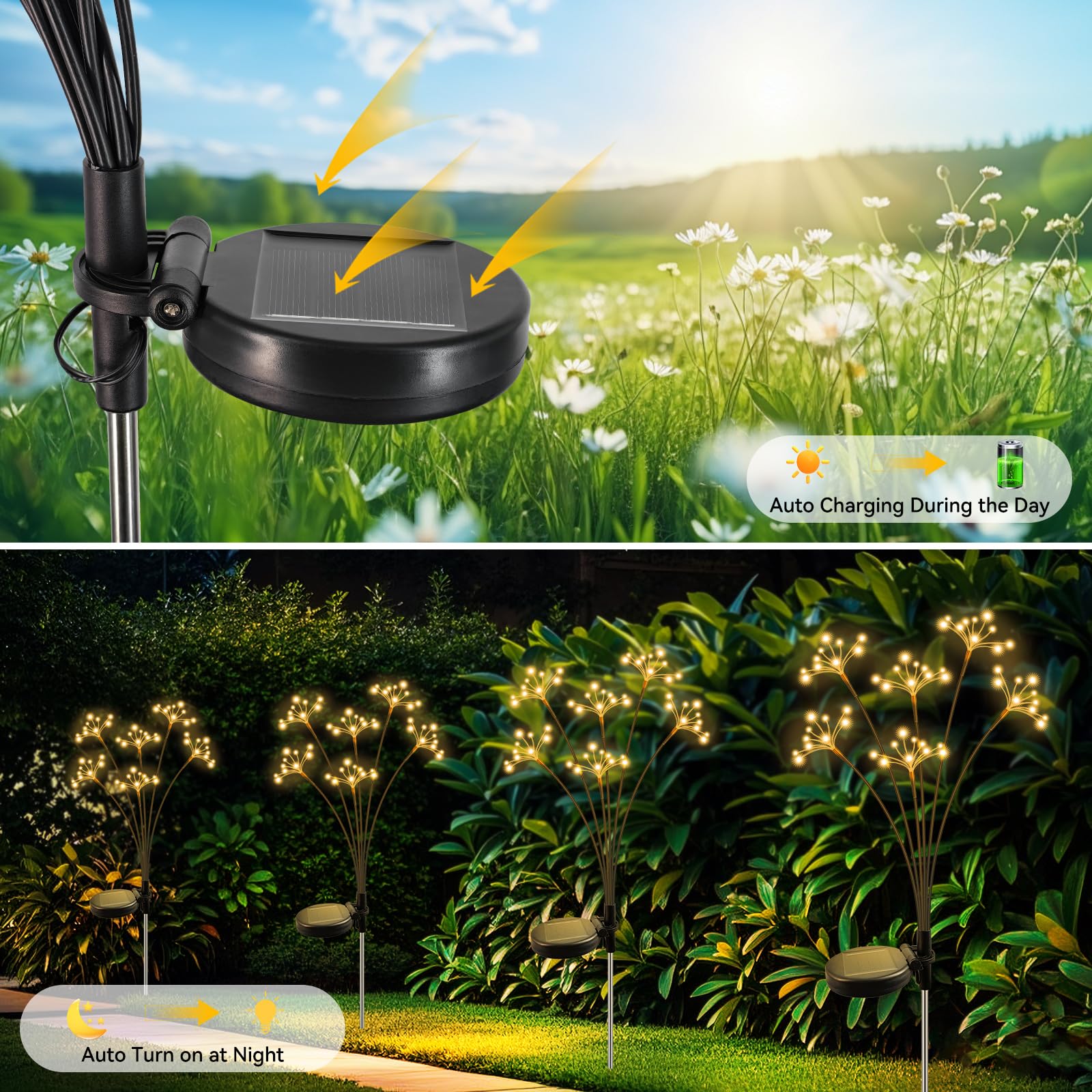 2 Pack Waterproof Solar Swaying Starburst Lights - Outdoor Solar Garden Lights for Yard, Patio, Pathway - Warm White LED Firework Decor for Landscape & Nighttime Ambience