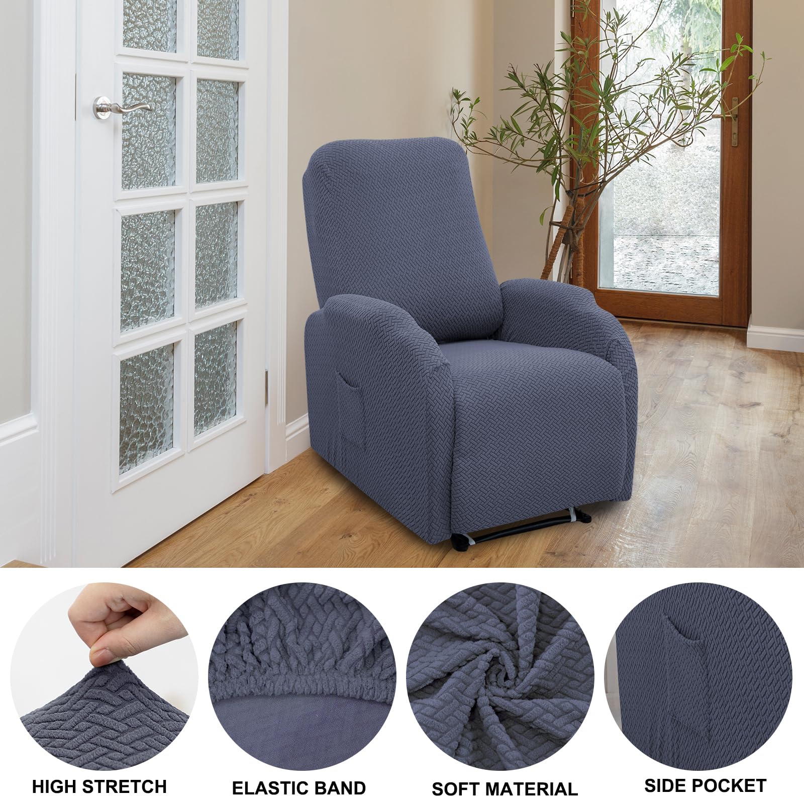HAOYONG Recliner Chair Cover 4-Piece Set - Jacquard Fabric Slipcover for Small Recliners & Lazyboy Chairs - Washable Furniture Protector for Living Room, Home Theater & Relaxation Spaces